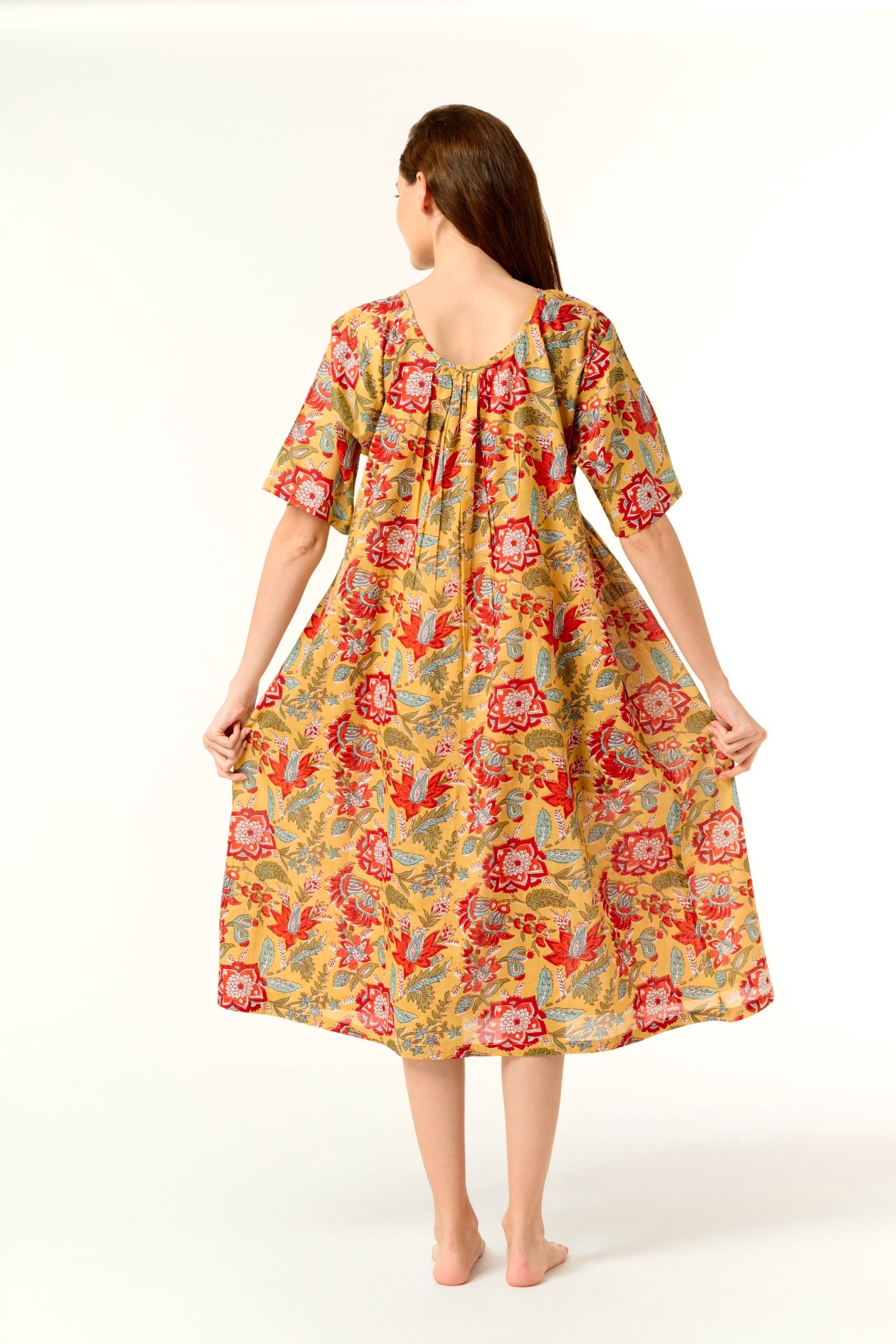 Hand Block Printed Shirred Nightie - Mustard Red Flower Floral