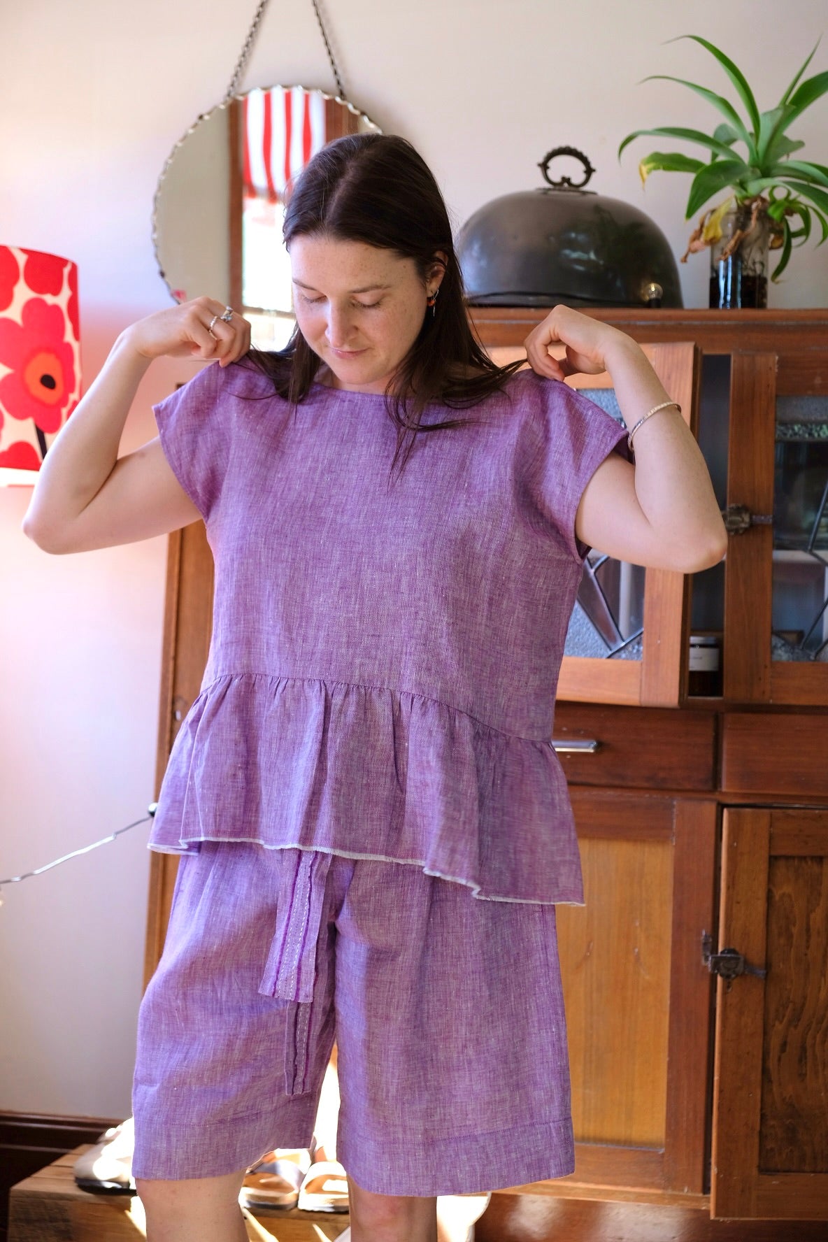 Belted Mata Linen Short - Lilac/White Cross Dye