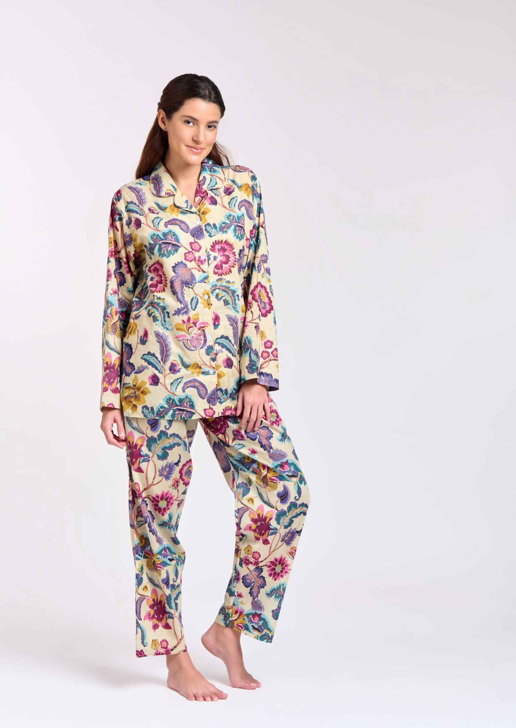 Hand Block Printed Long PJ - Mauve/Crimson Floral