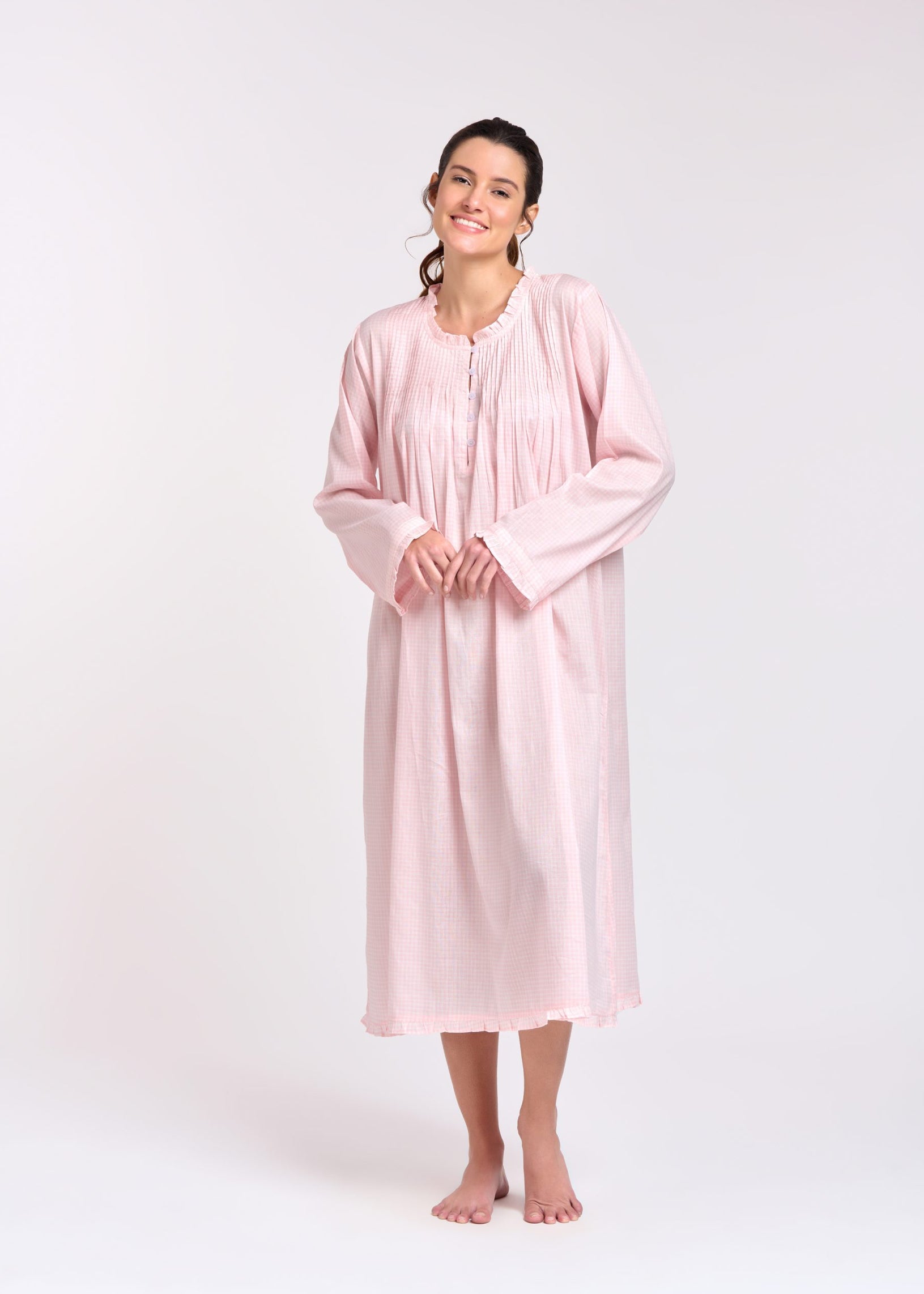 Long Sleeve Nightie - Soft Pink Gingham