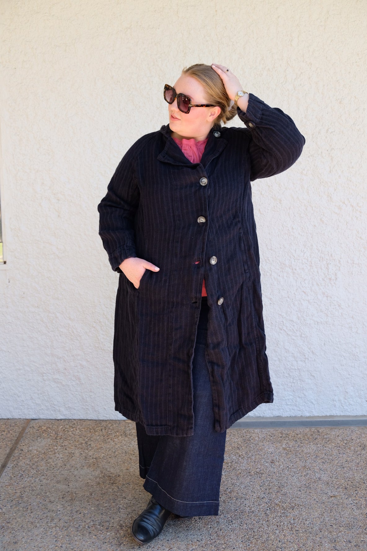 1915 Unisex Duster Jacket - Twill Weave Linen Stripe - Navy