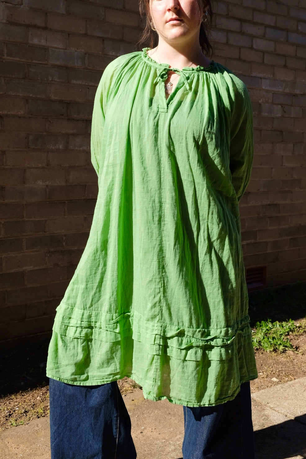 Tansy Raglan Sleeve Dress Cotton Voile - Matcha
