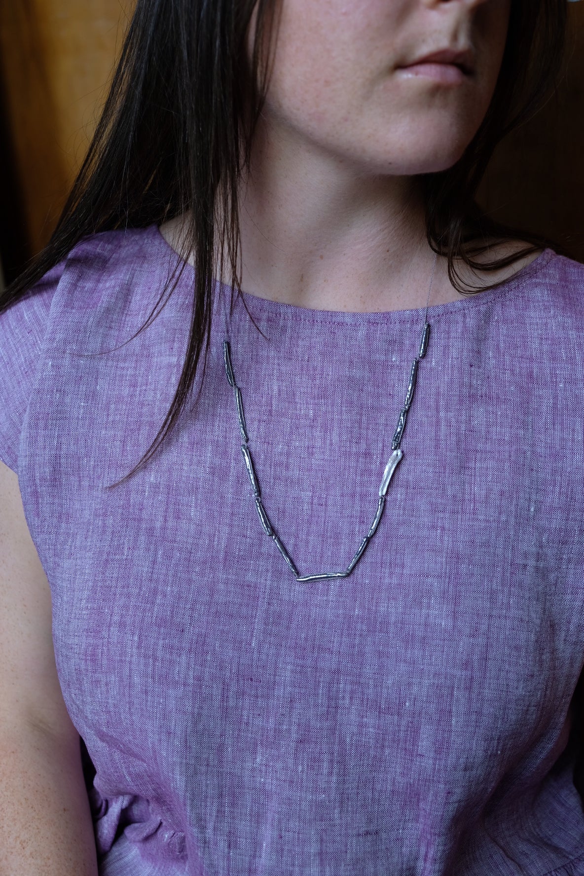 Grey silk necklace thin blue pearls and white pearls