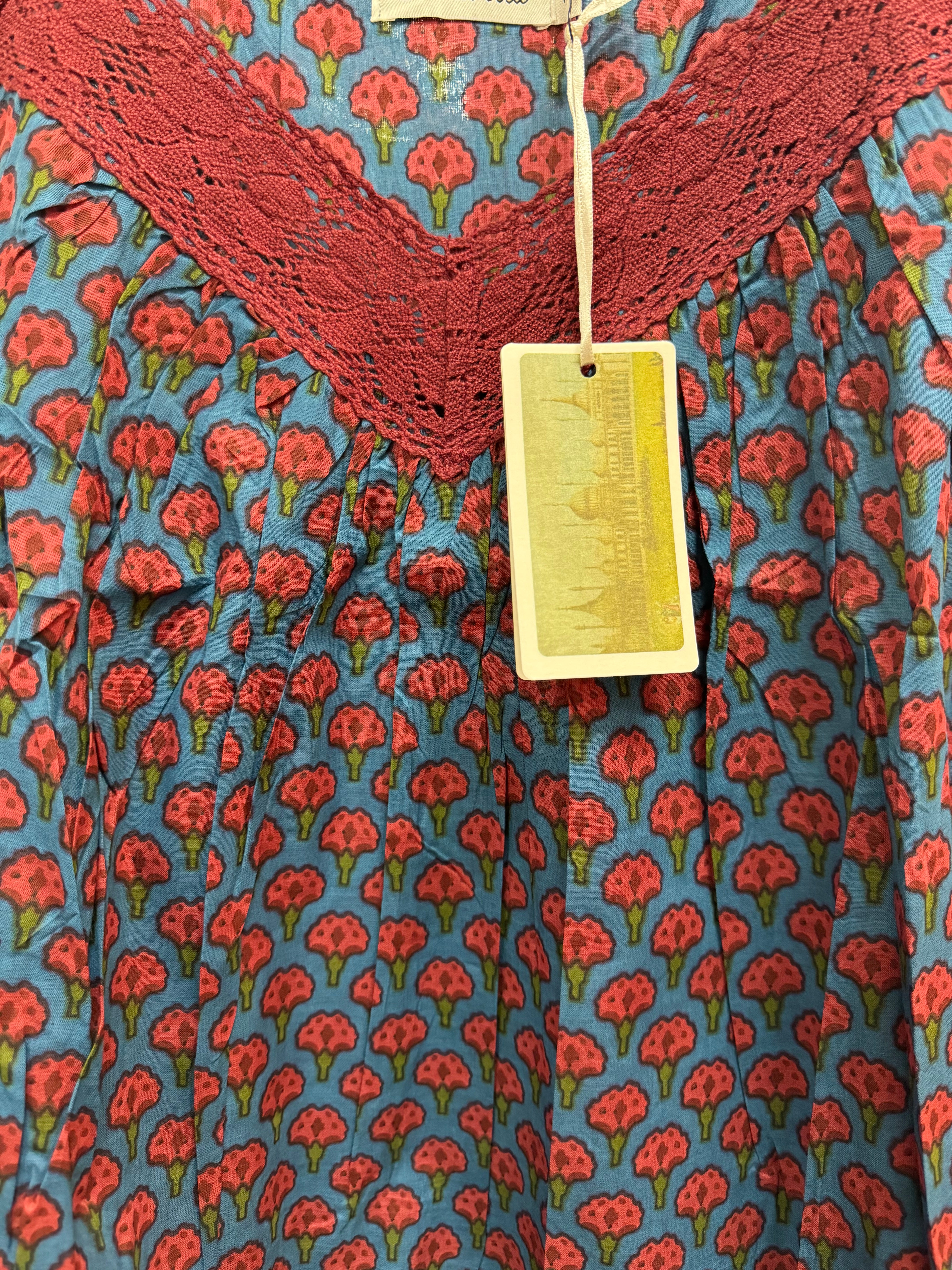 Hand Block Printed V Neck Nightie laced - deep blue with dark pink flower