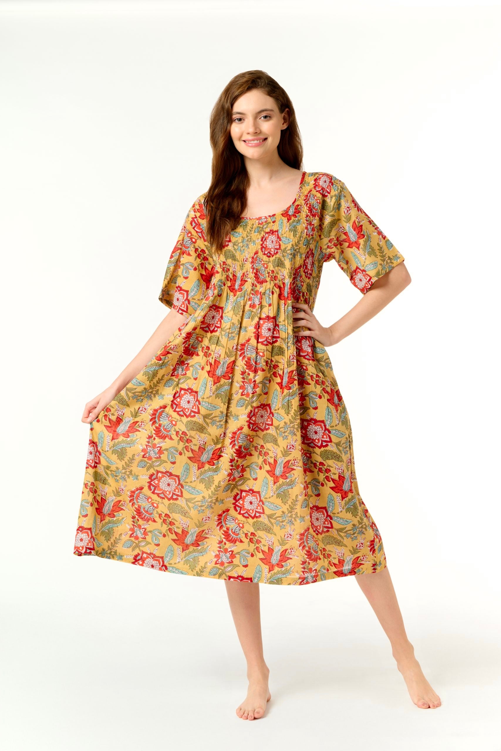 Hand Block Printed Shirred Nightie - Mustard Red Flower Floral