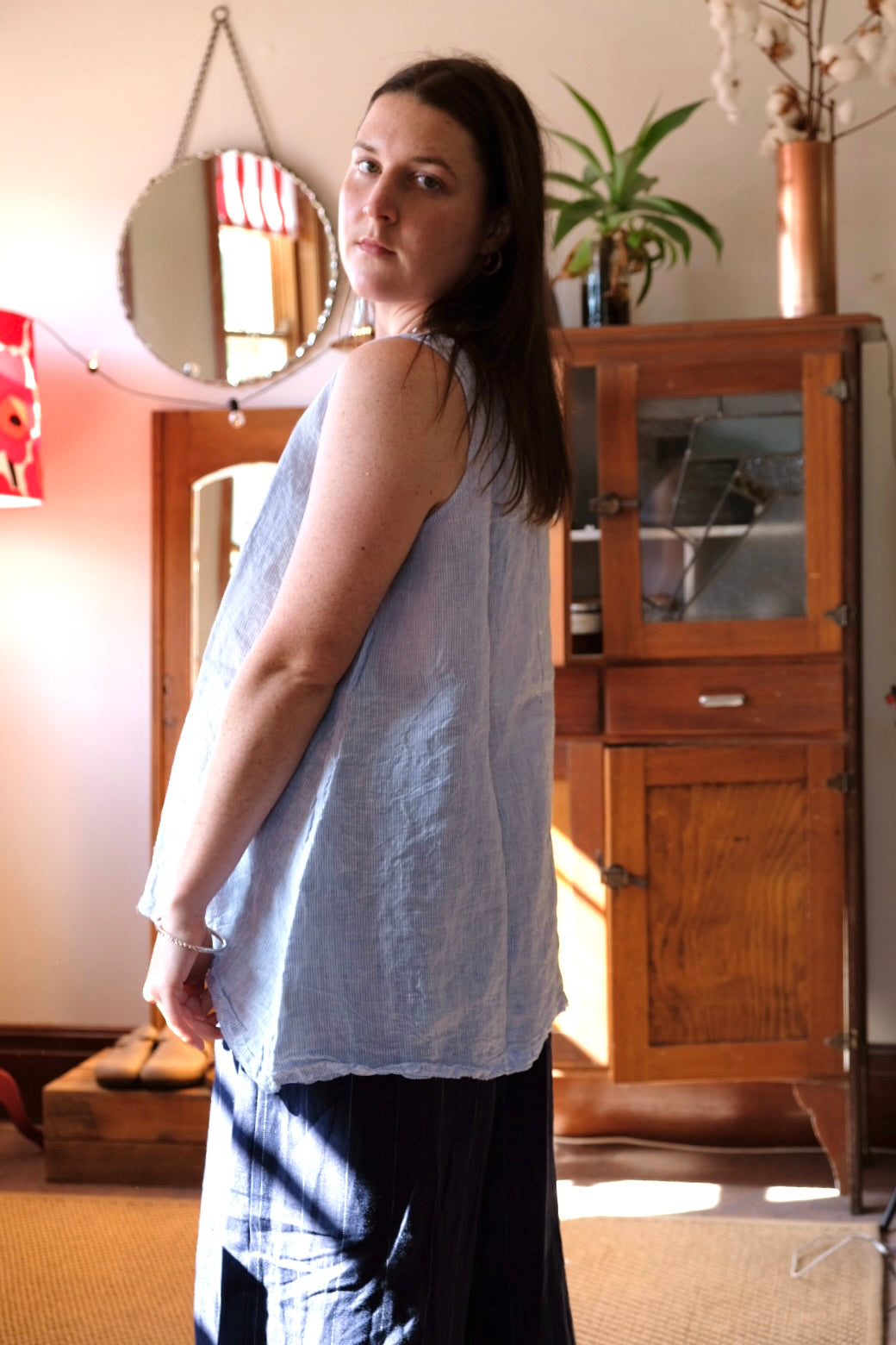 Gia Top - Linen Blue Pin Stripe