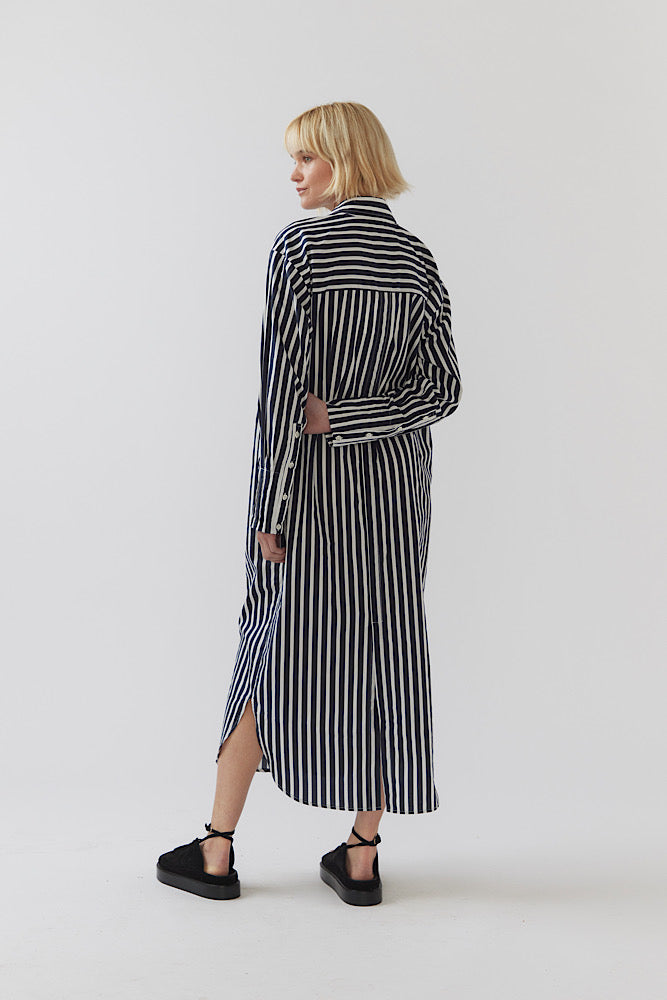 Demi Dress - Navy Stripe Poplin