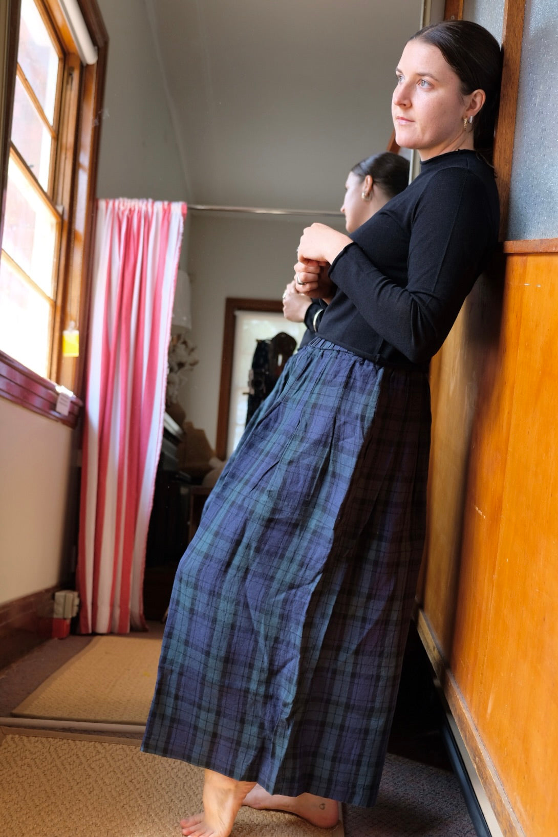 Freya French Linen Pants in Blue Tartan