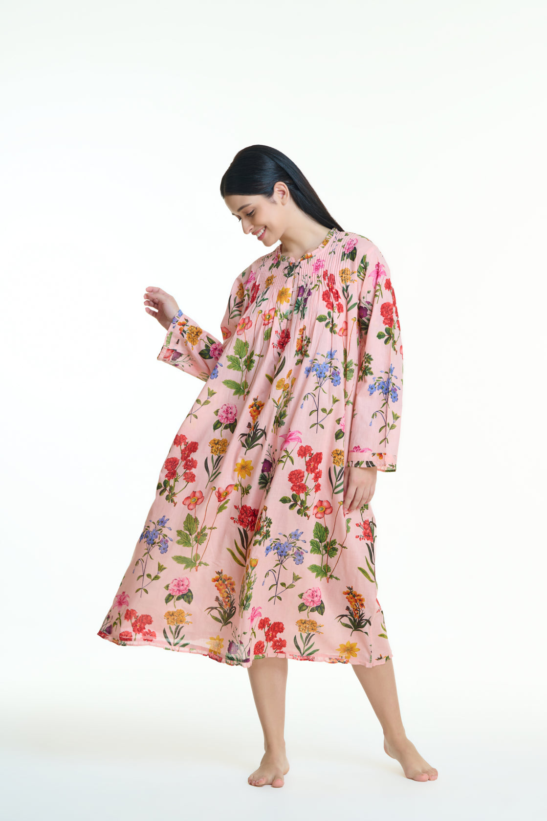 Hand Block Printed Long sleeve Nightie - Pink with Multi Colour Floral