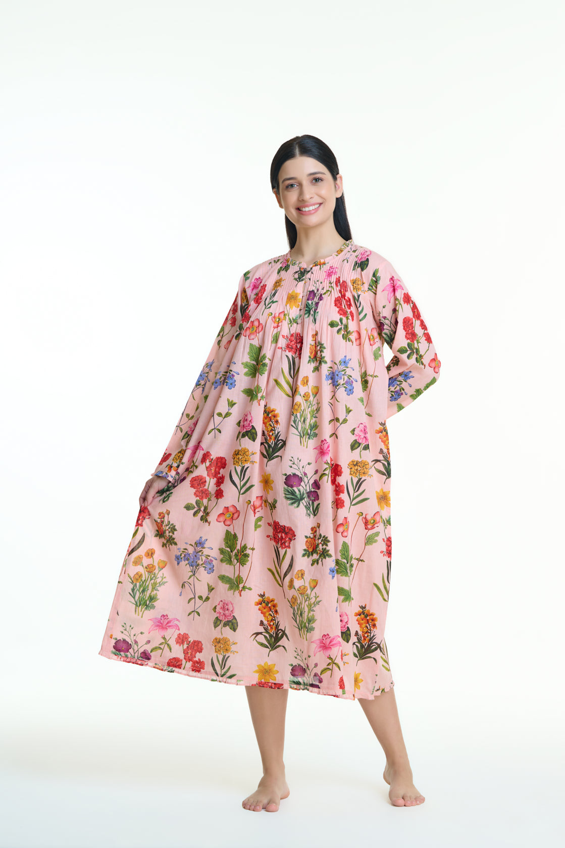 Hand Block Printed Long sleeve Nightie - Pink with Multi Colour Floral