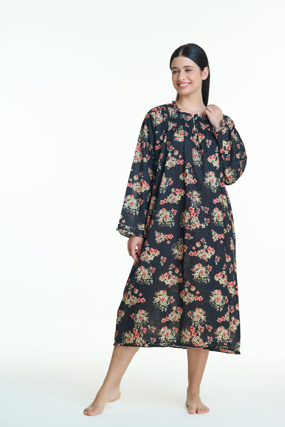 Hand Block Printed Long sleeve Nightie - Black floral