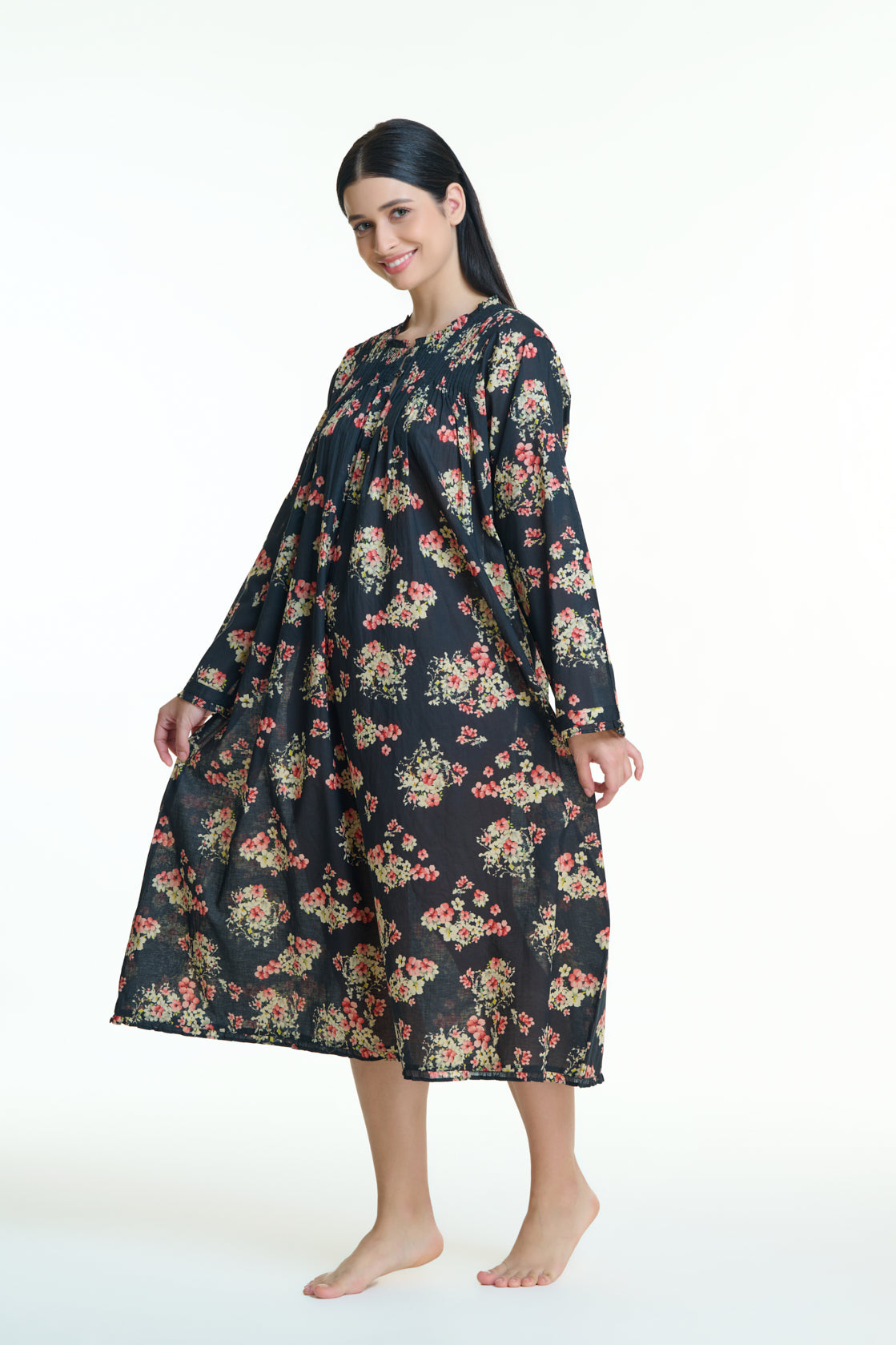 Hand Block Printed Long sleeve Nightie - Black floral