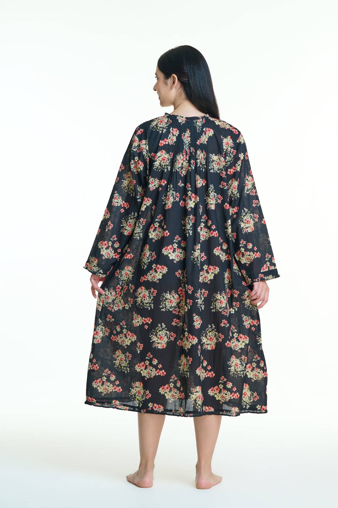 Hand Block Printed Long sleeve Nightie - Black floral