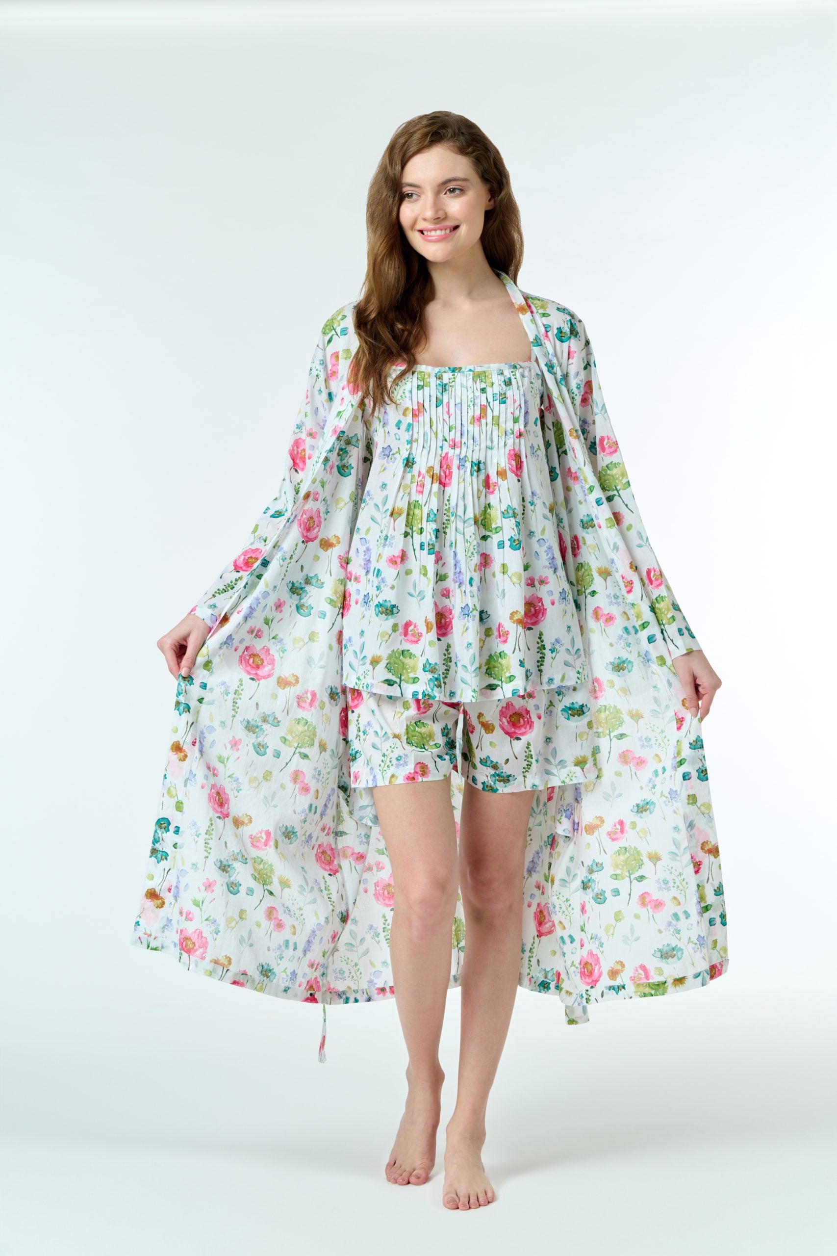 Hand Block Printed Dressing Gown/Robe - Watercolour floral print