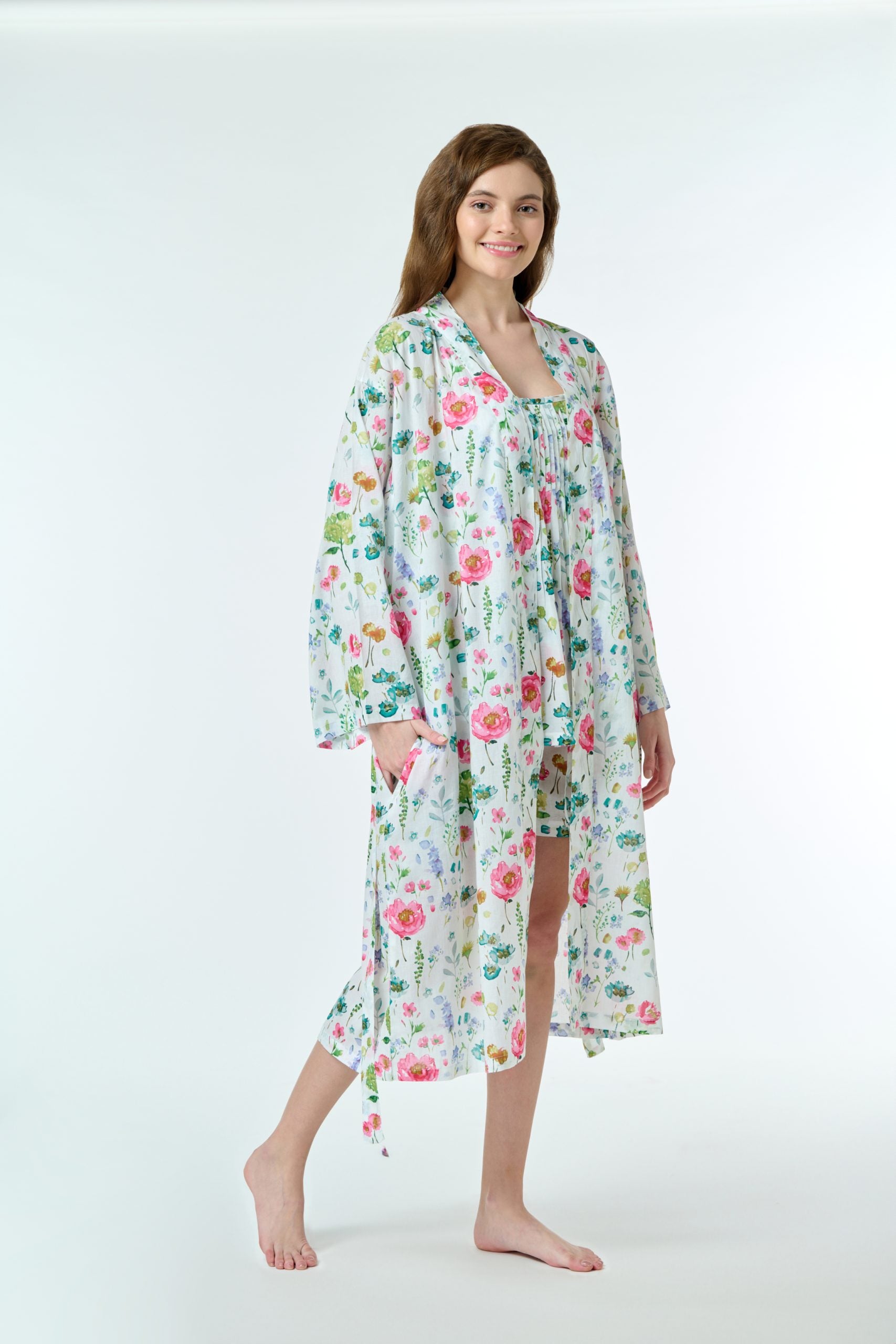 Hand Block Printed Dressing Gown/Robe - Watercolour floral print