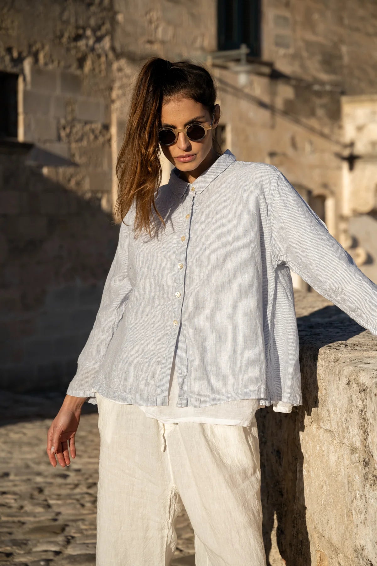 CHIARA linen SHIRT - Blue Pin Stripe