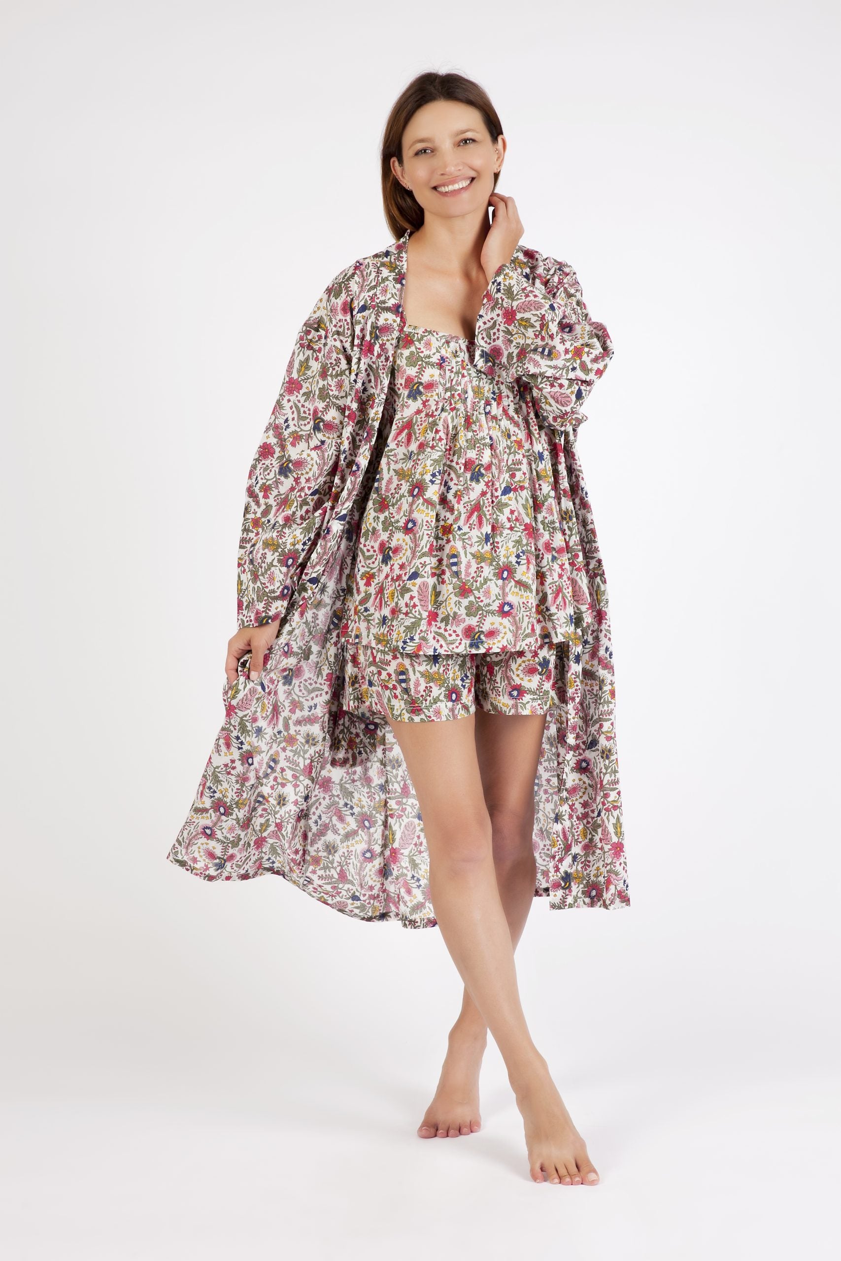 Hand Block Printed Dressing Gown - Pink/Red Floral