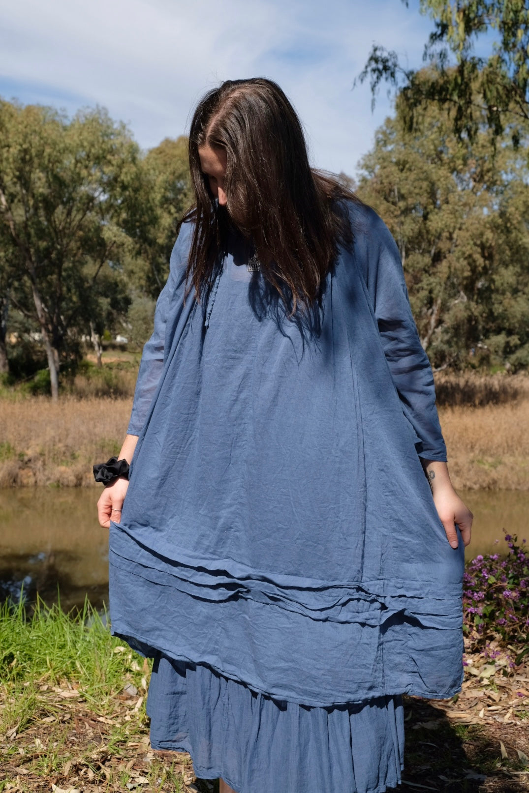 Tansy Raglan Sleeve Dress Cotton Voile - Denim