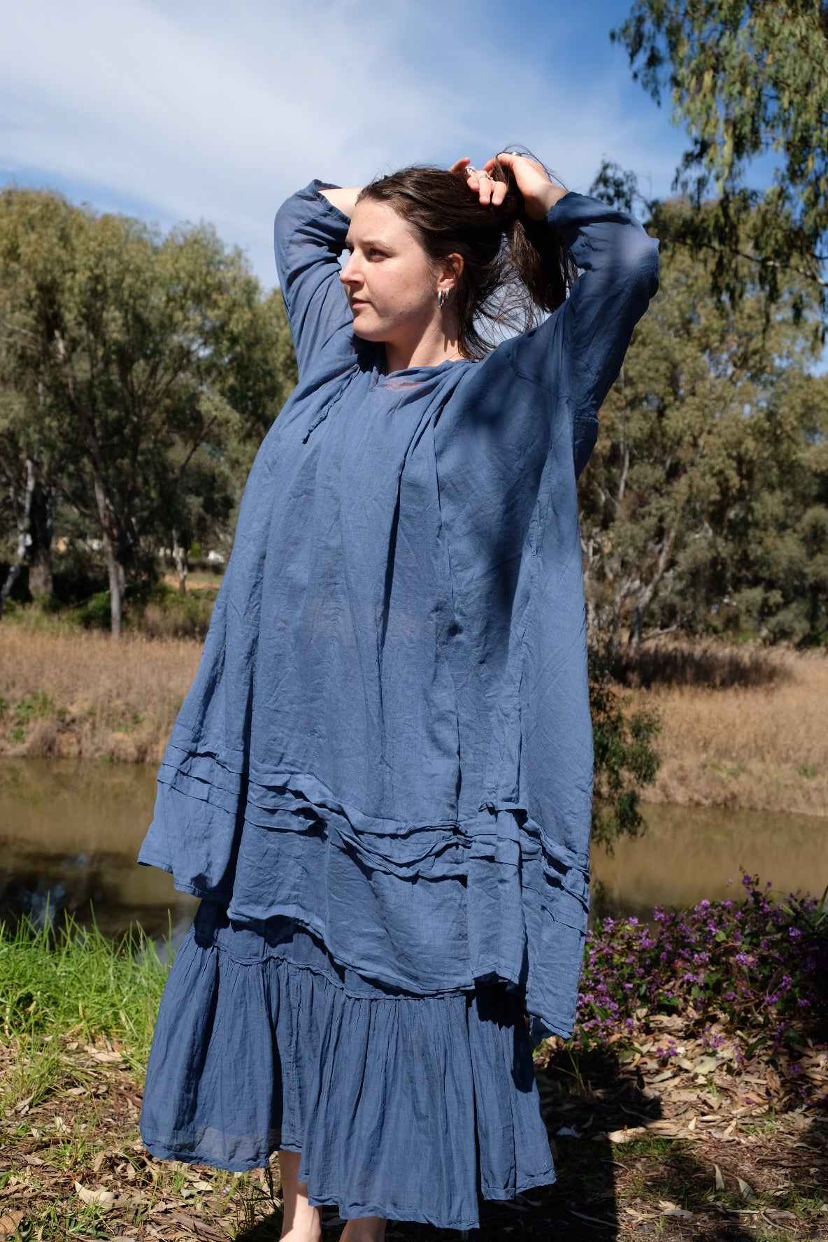 Tansy Raglan Sleeve Dress Cotton Voile - Denim