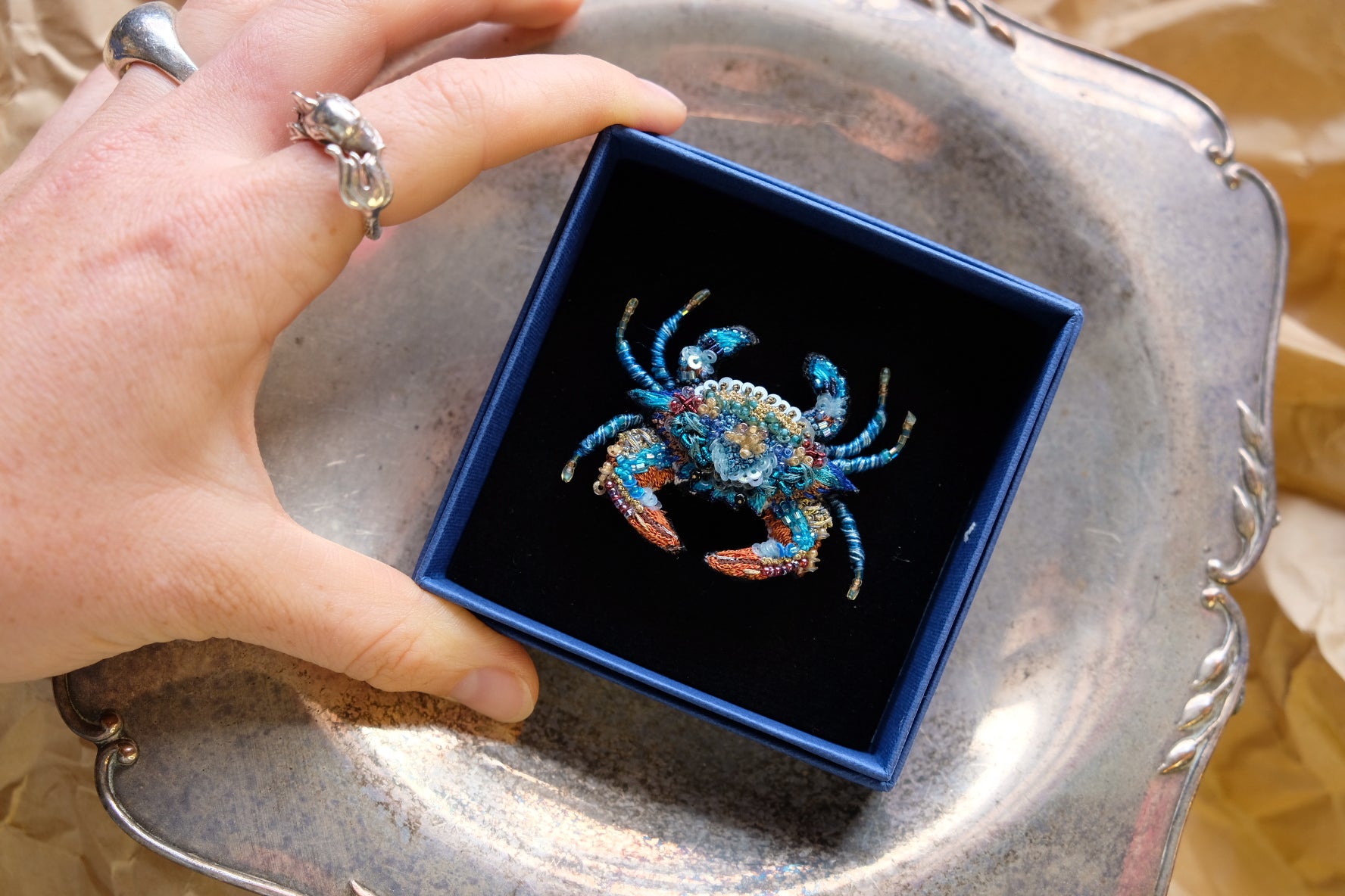 Ornate Blue Crab Brooch