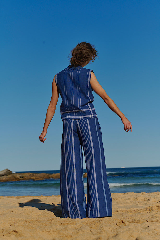 West Pant - Stripe Linen Indigo