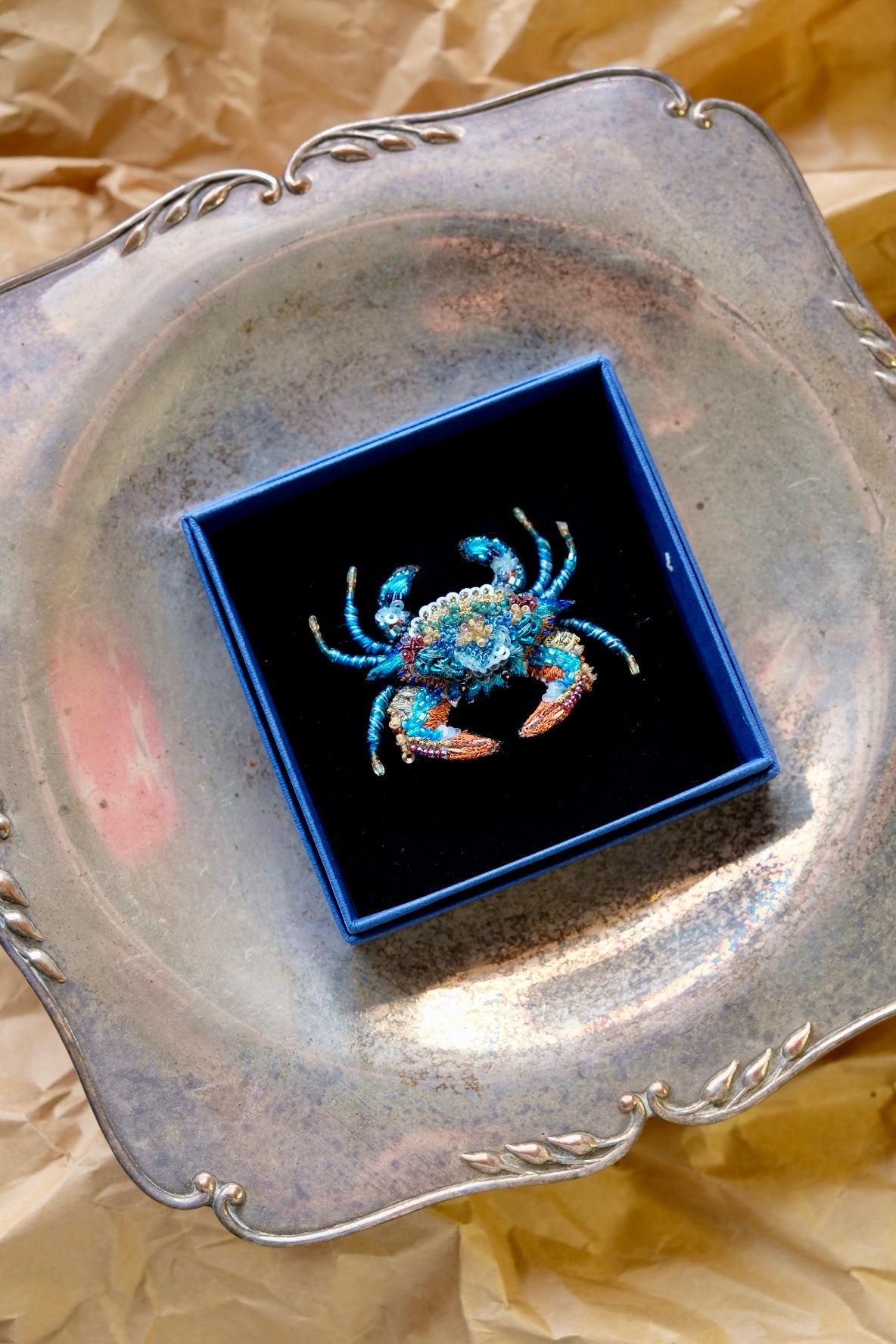 Ornate Blue Crab Brooch