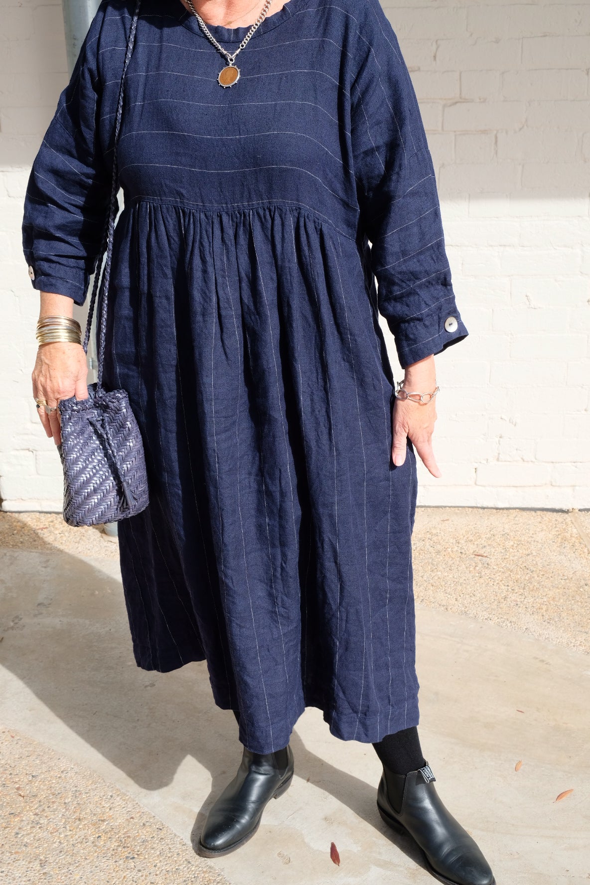 Bess Dress Linen Twill - Navy Pinstripe