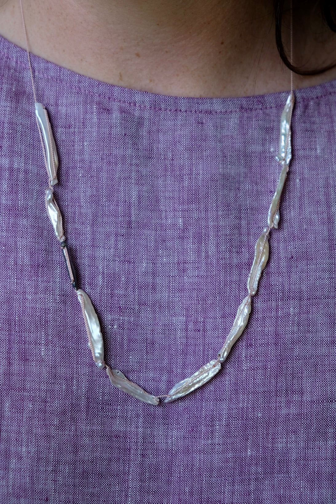 Light Pink silk necklace white and blue pearls