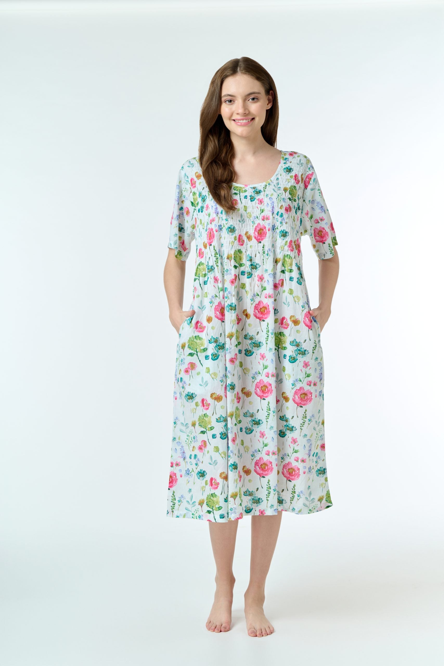 Hand Block Printed Shirred Nightie - Watercolour floral print