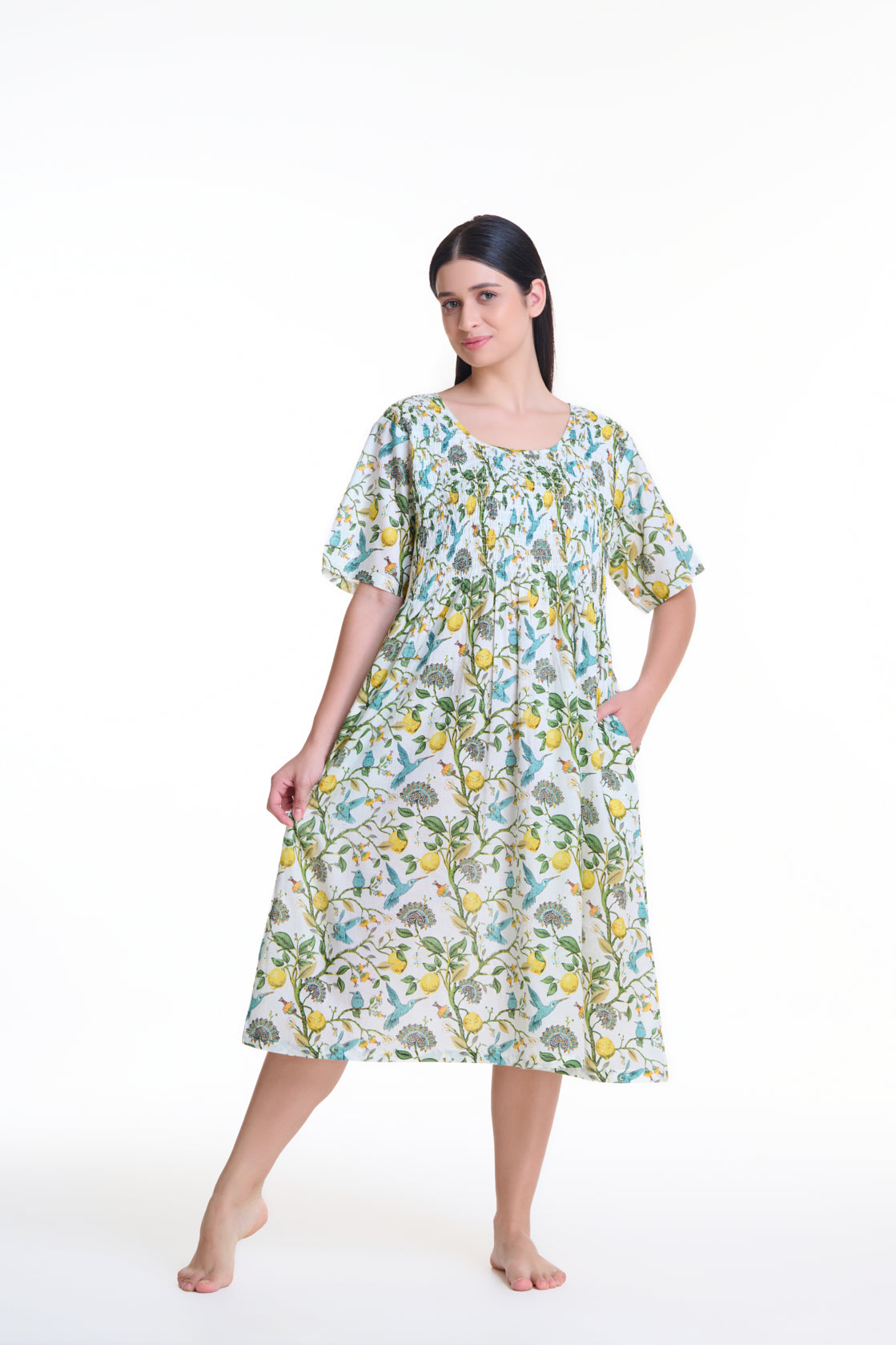 Hand Block Printed Shirred Nightie - Lemons and Blue Bird