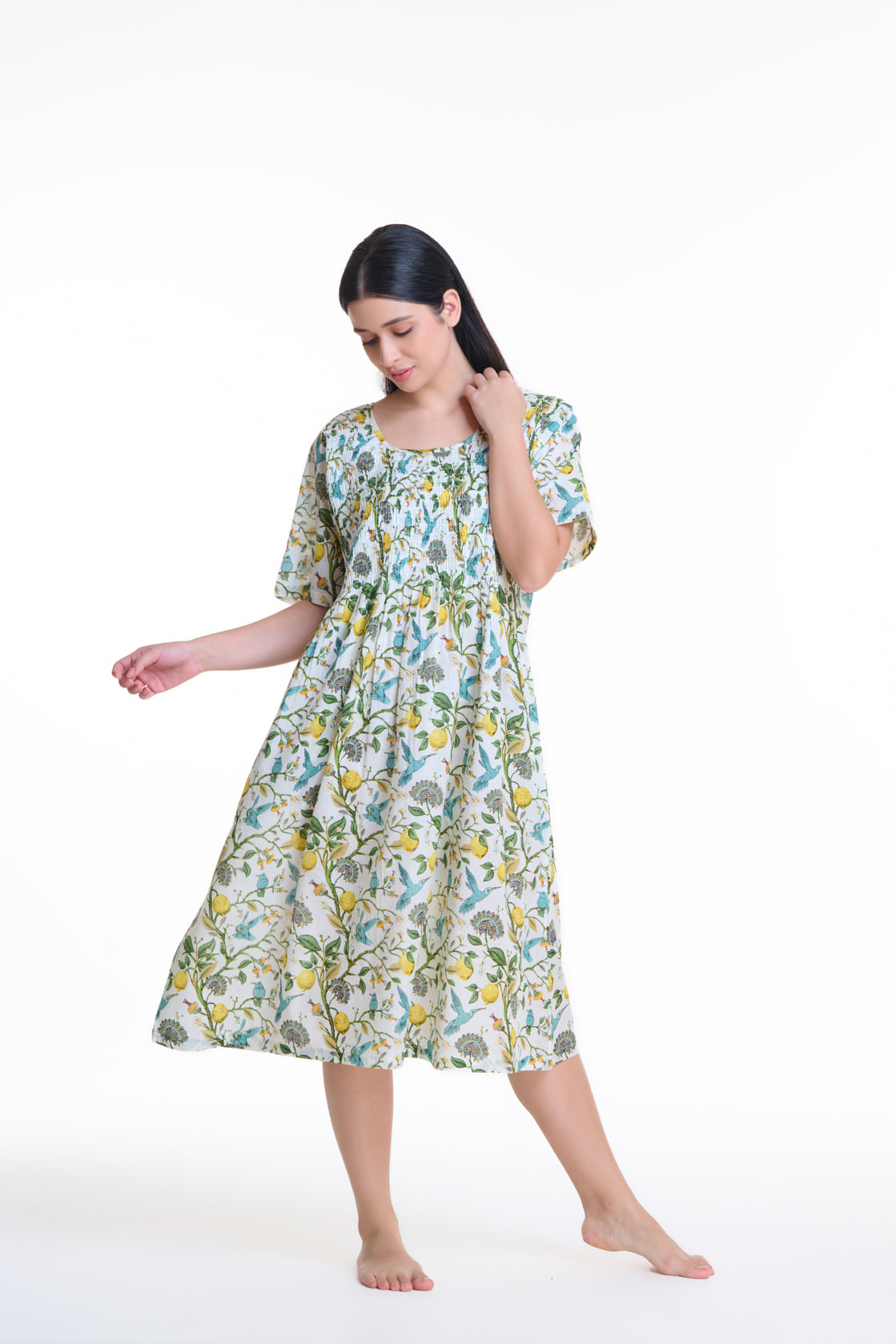 Hand Block Printed Shirred Nightie - Lemons and Blue Bird