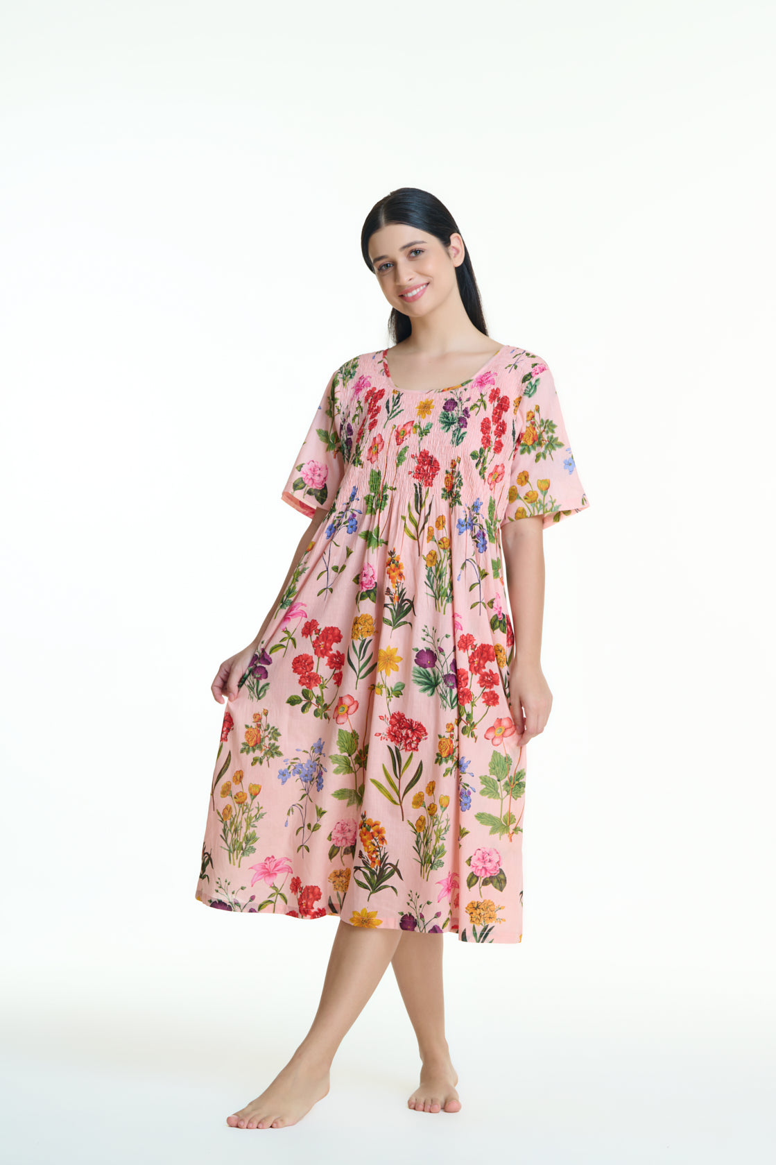 Hand Block Printed Shirred Nightie - Pink with multi colour floral