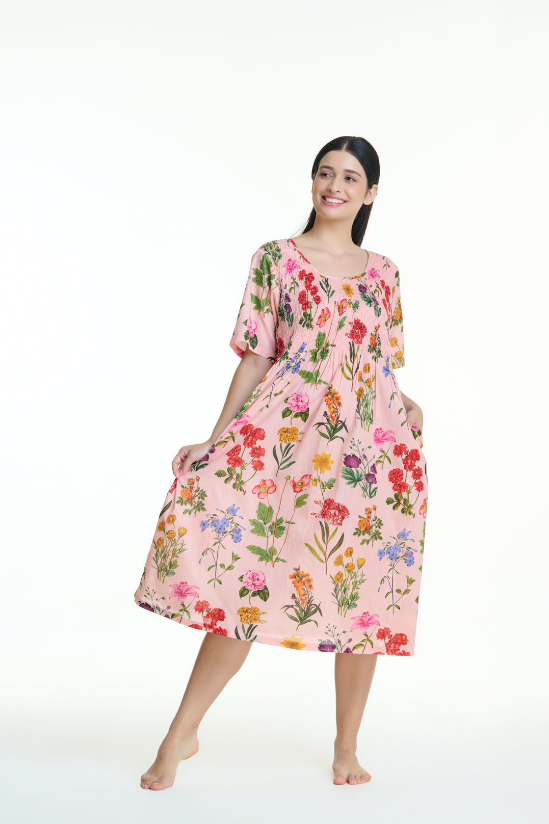 Hand Block Printed Shirred Nightie - Pink with multi colour floral