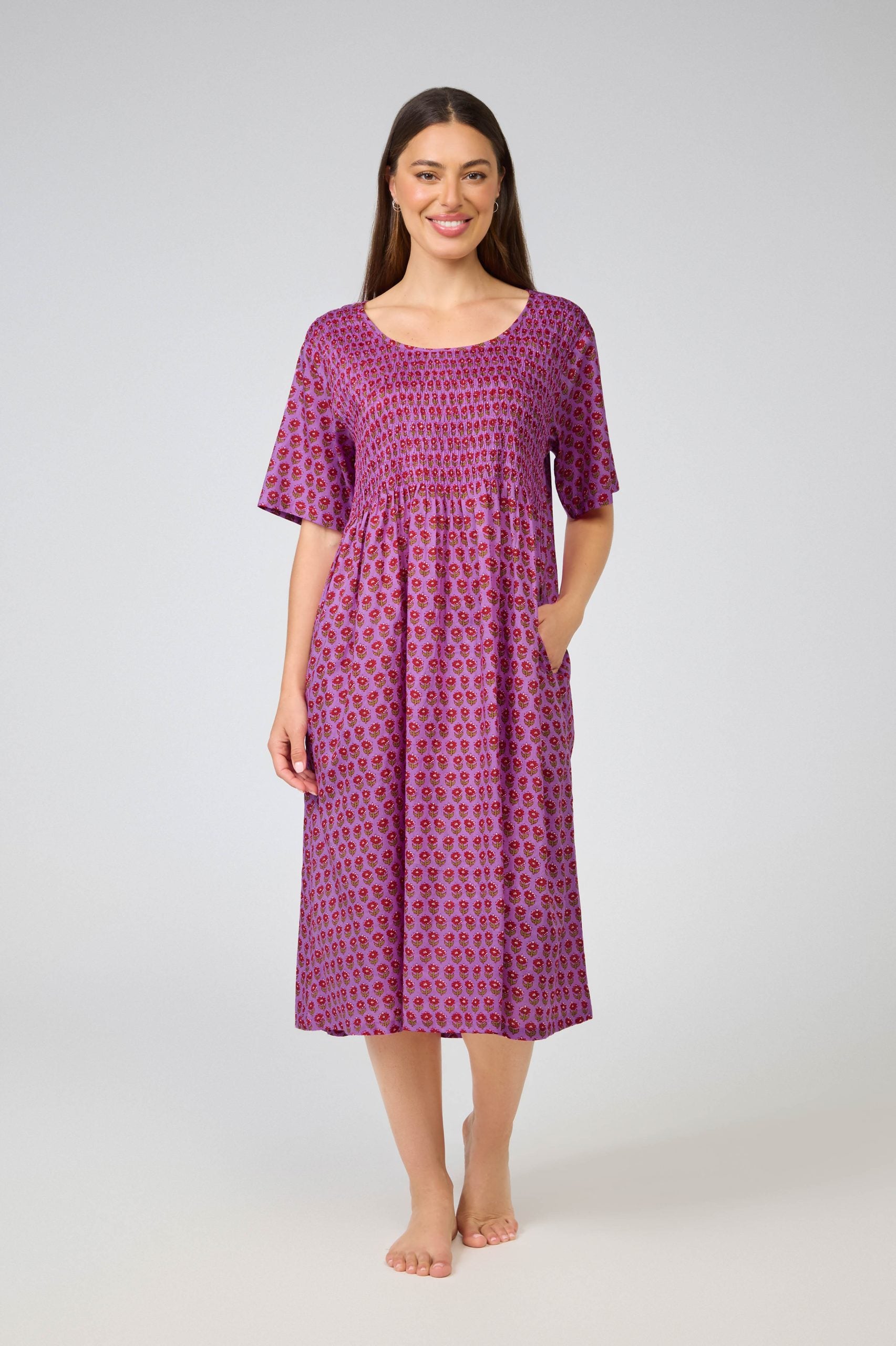 Hand Block Printed Shirred Nightie - Purple/Red Flower