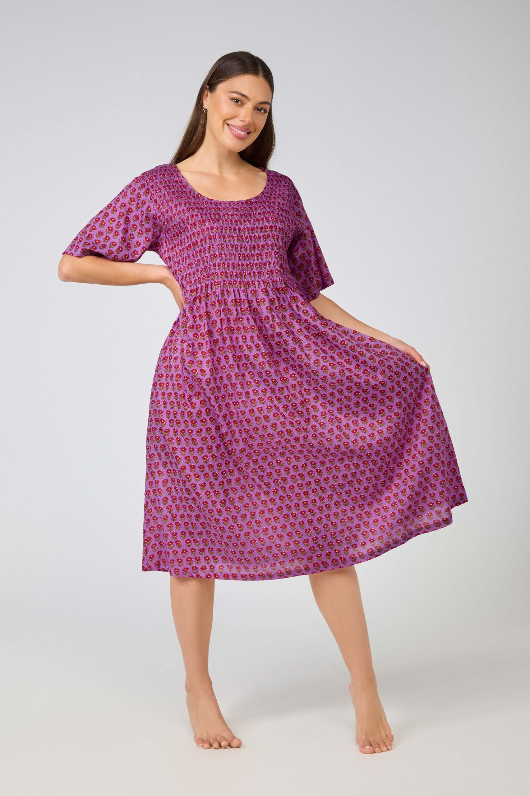 Hand Block Printed Shirred Nightie - Purple/Red Flower