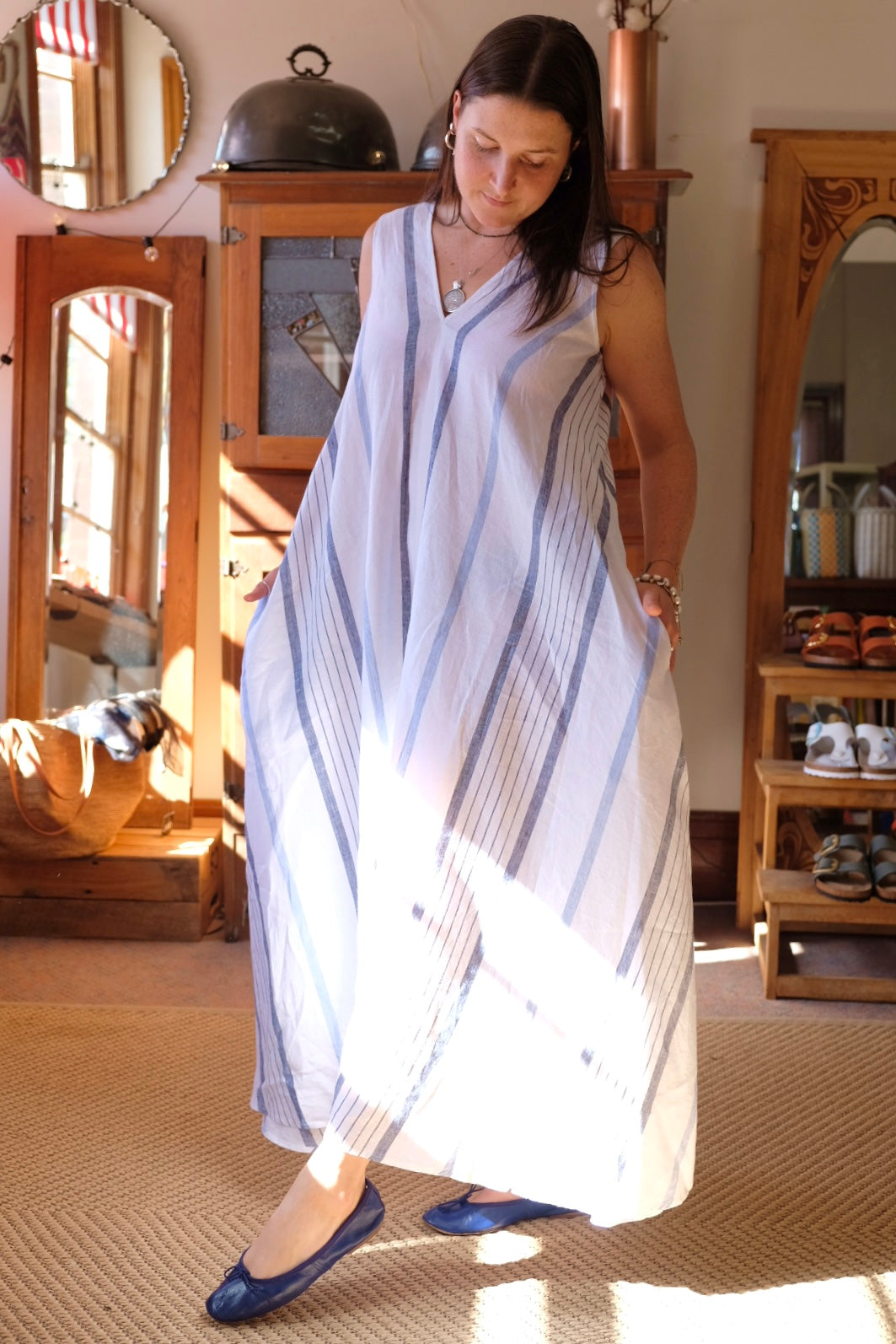 Sasha Dress Stripe Linen White