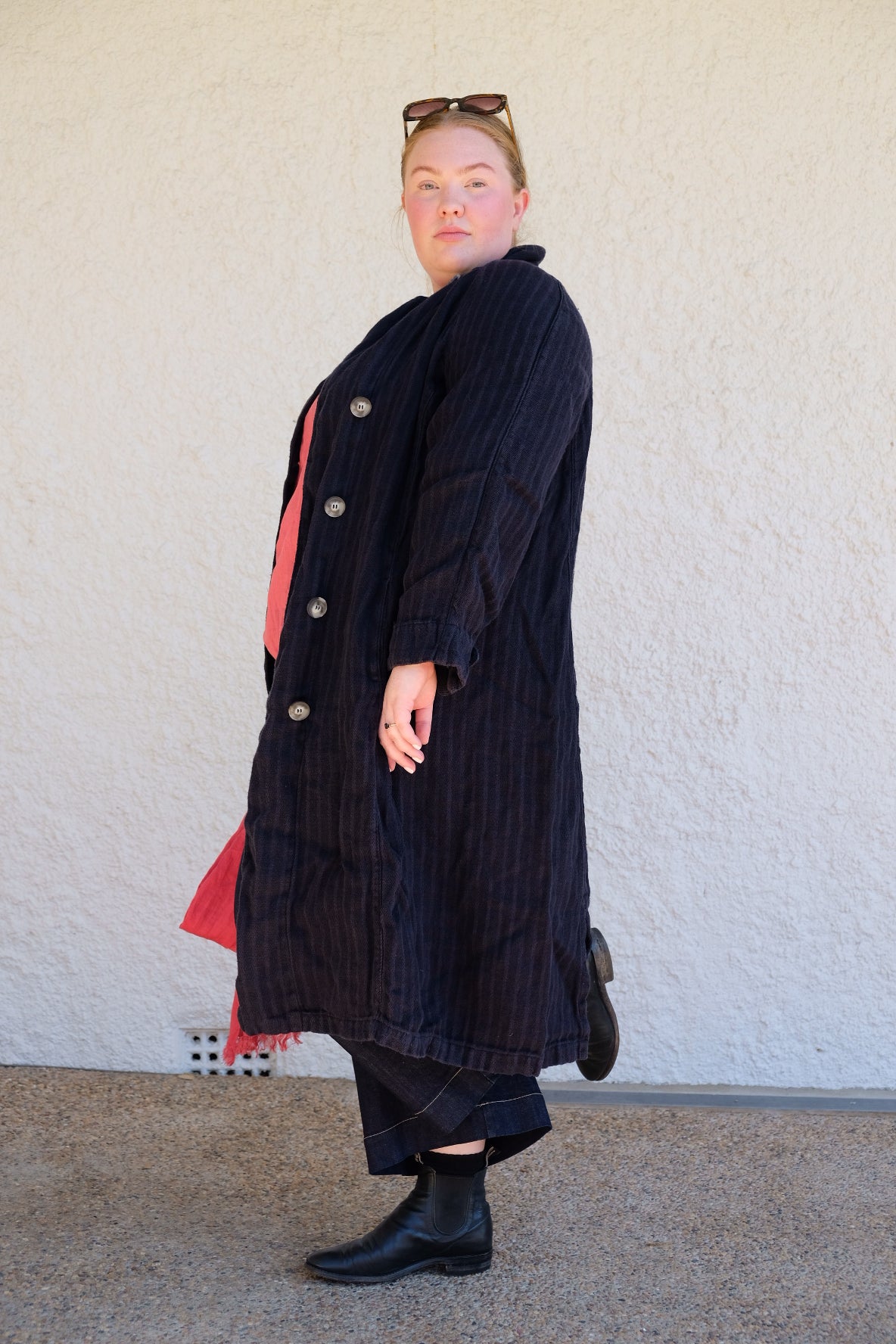 1915 Unisex Duster Jacket - Twill Weave Linen Stripe - Navy
