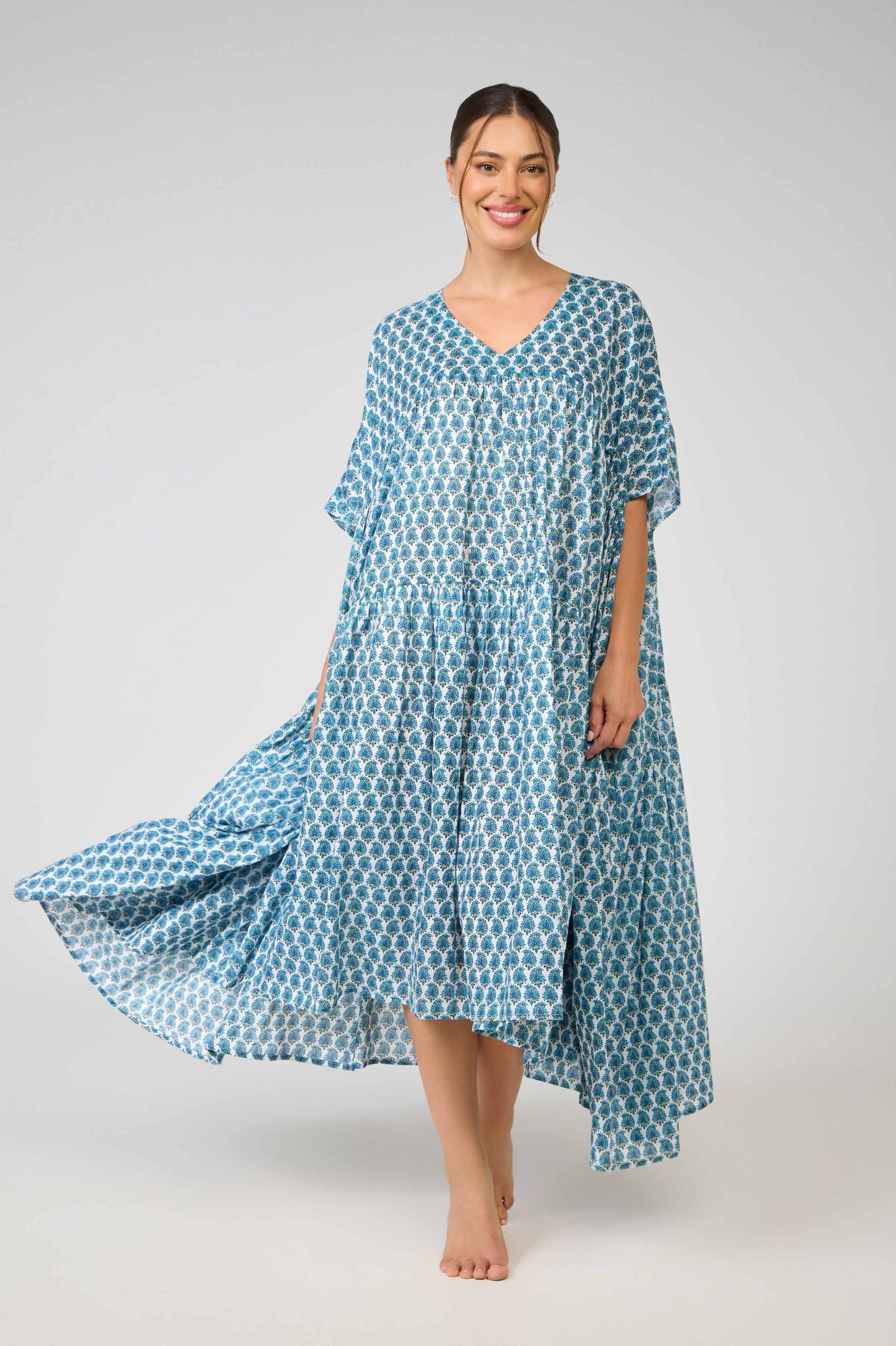 Hand Block Printed one size nightie/dress - turquoise blue paisley