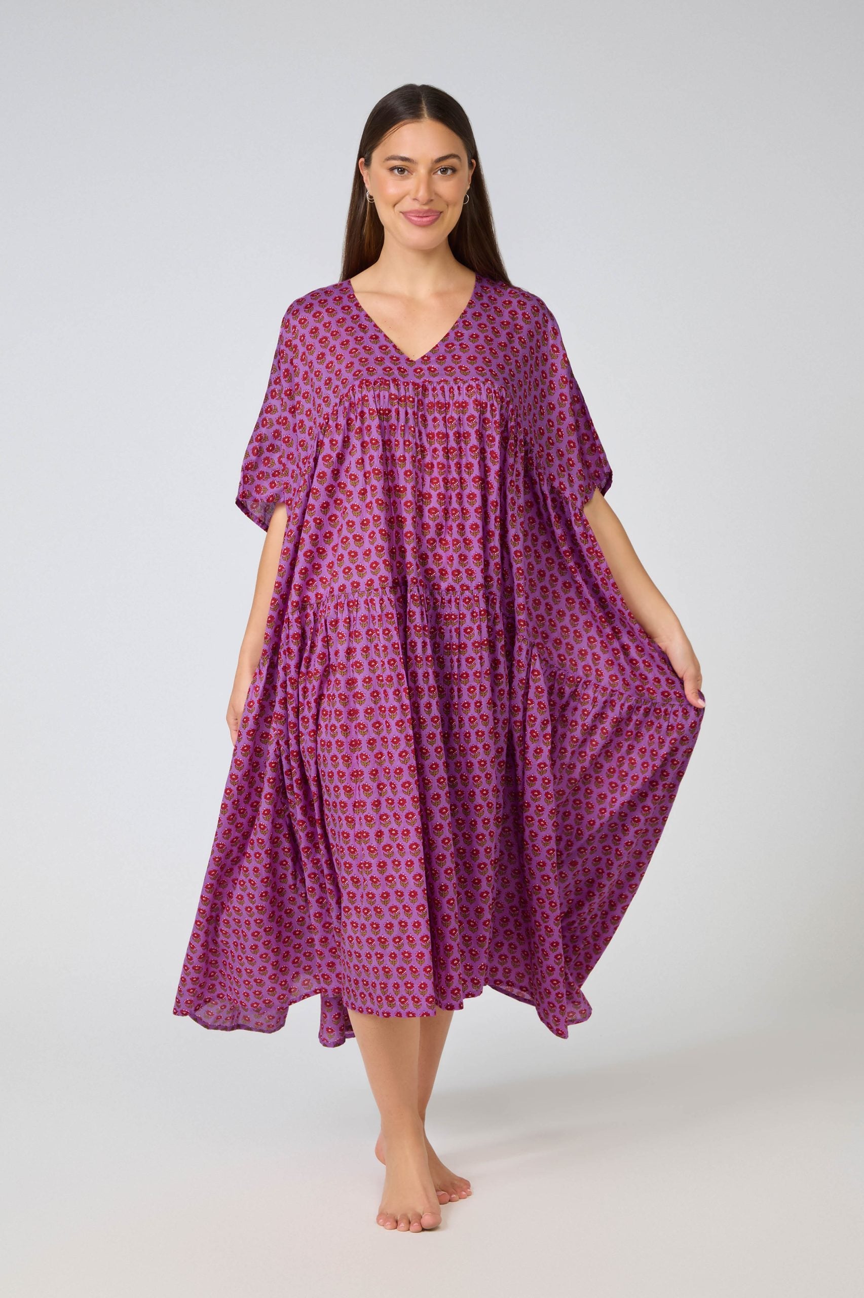 Hand Block Printed one size nightie/dress - purple/red flower