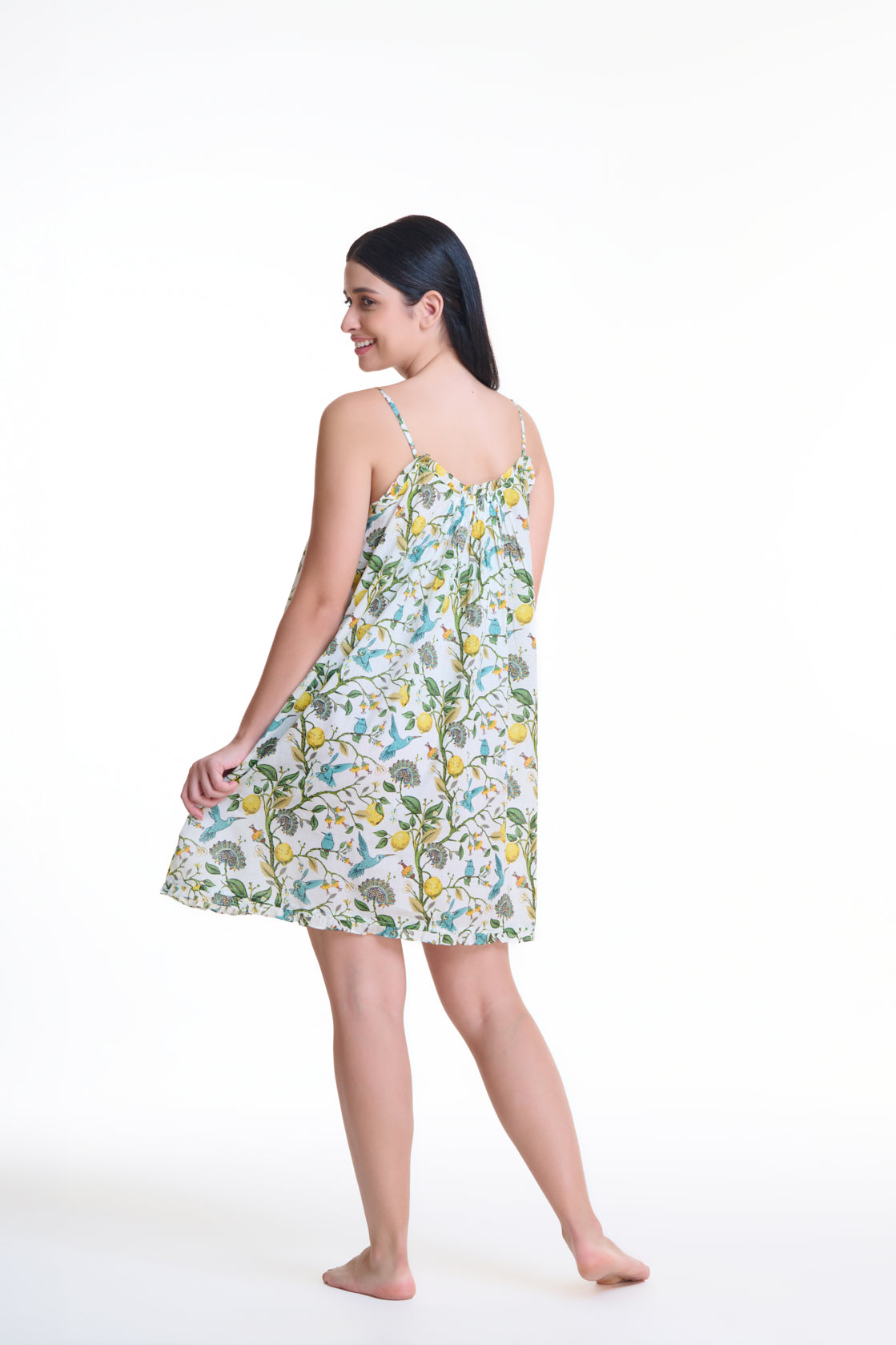 Hand Block Printed Short Nightie - Lemons and Blue Bird