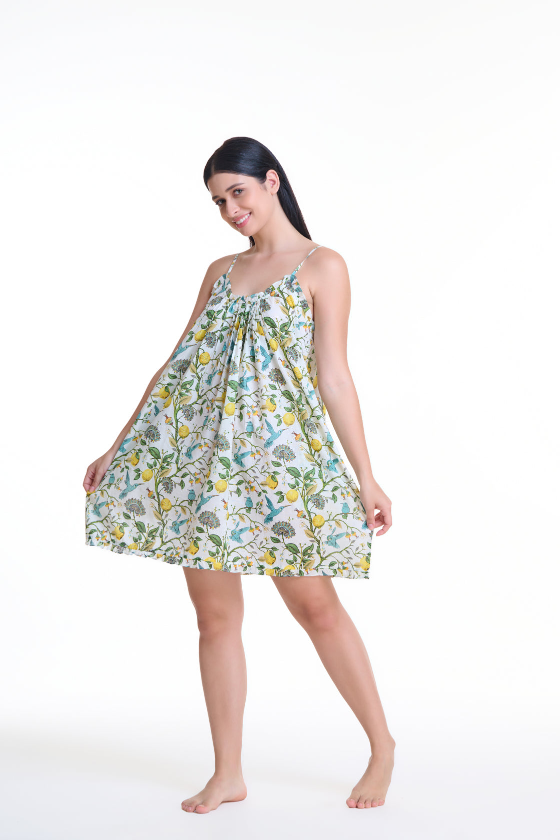 Hand Block Printed Short Nightie - Lemons and Blue Bird