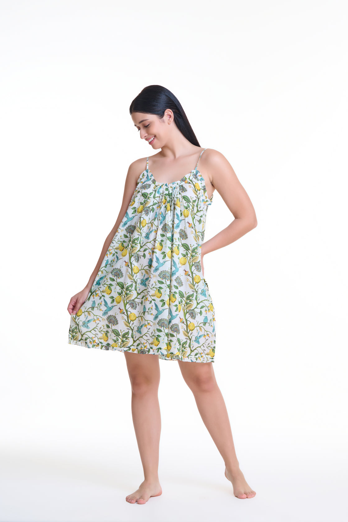 Hand Block Printed Short Nightie - Lemons and Blue Bird
