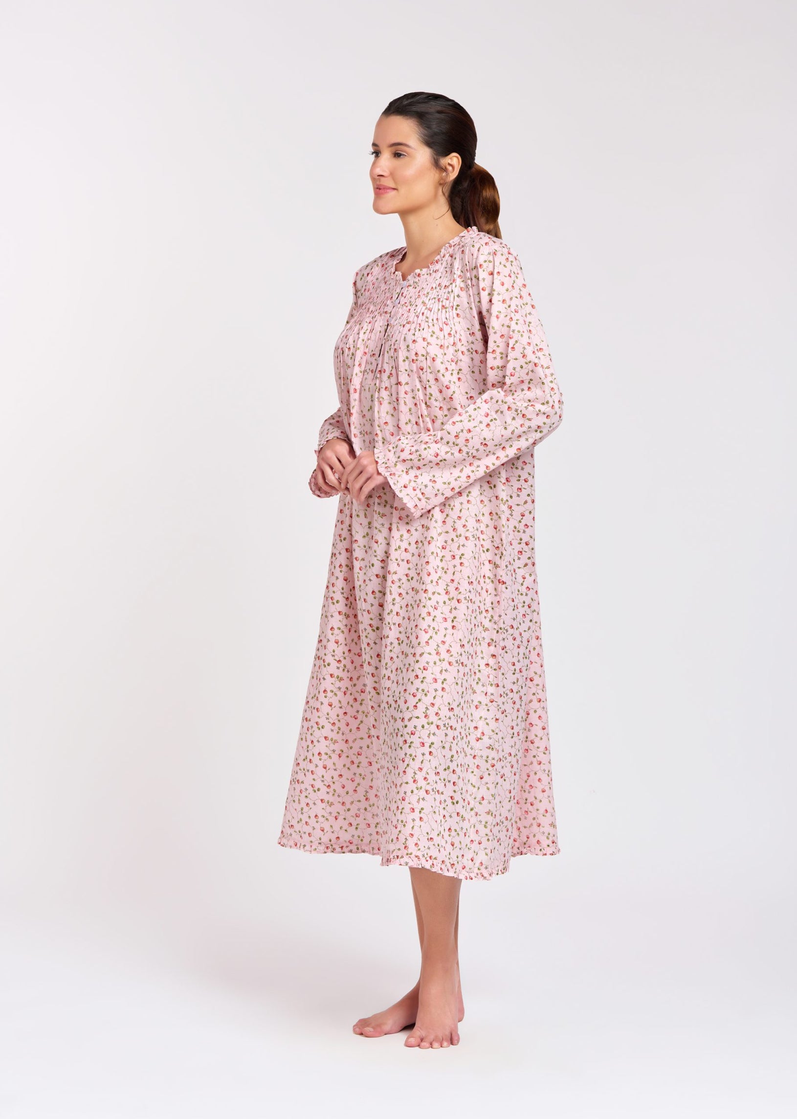 Long Sleeve Nightie - Pale Pink/Red Rose
