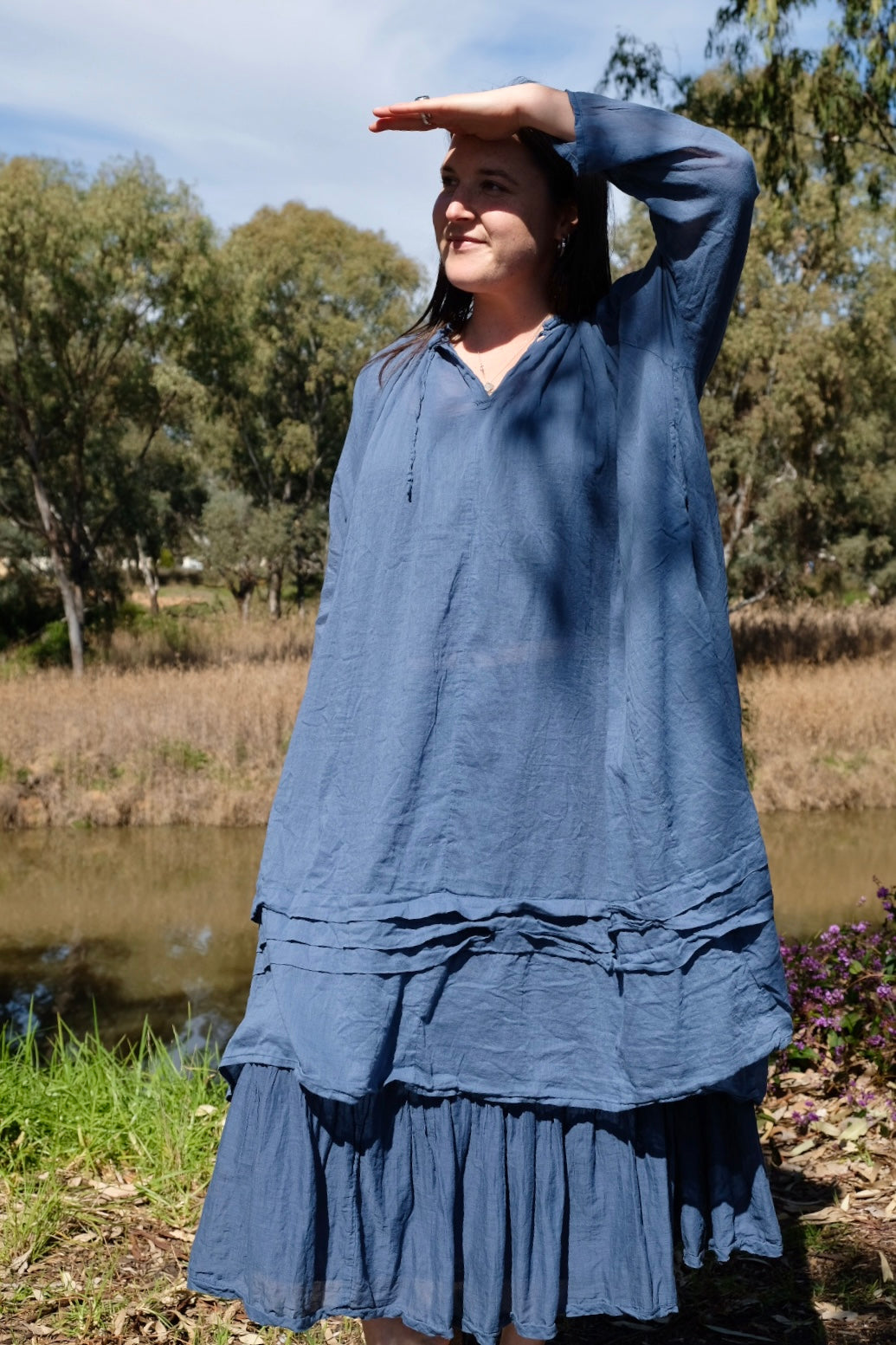 Tansy Raglan Sleeve Dress Cotton Voile - Denim