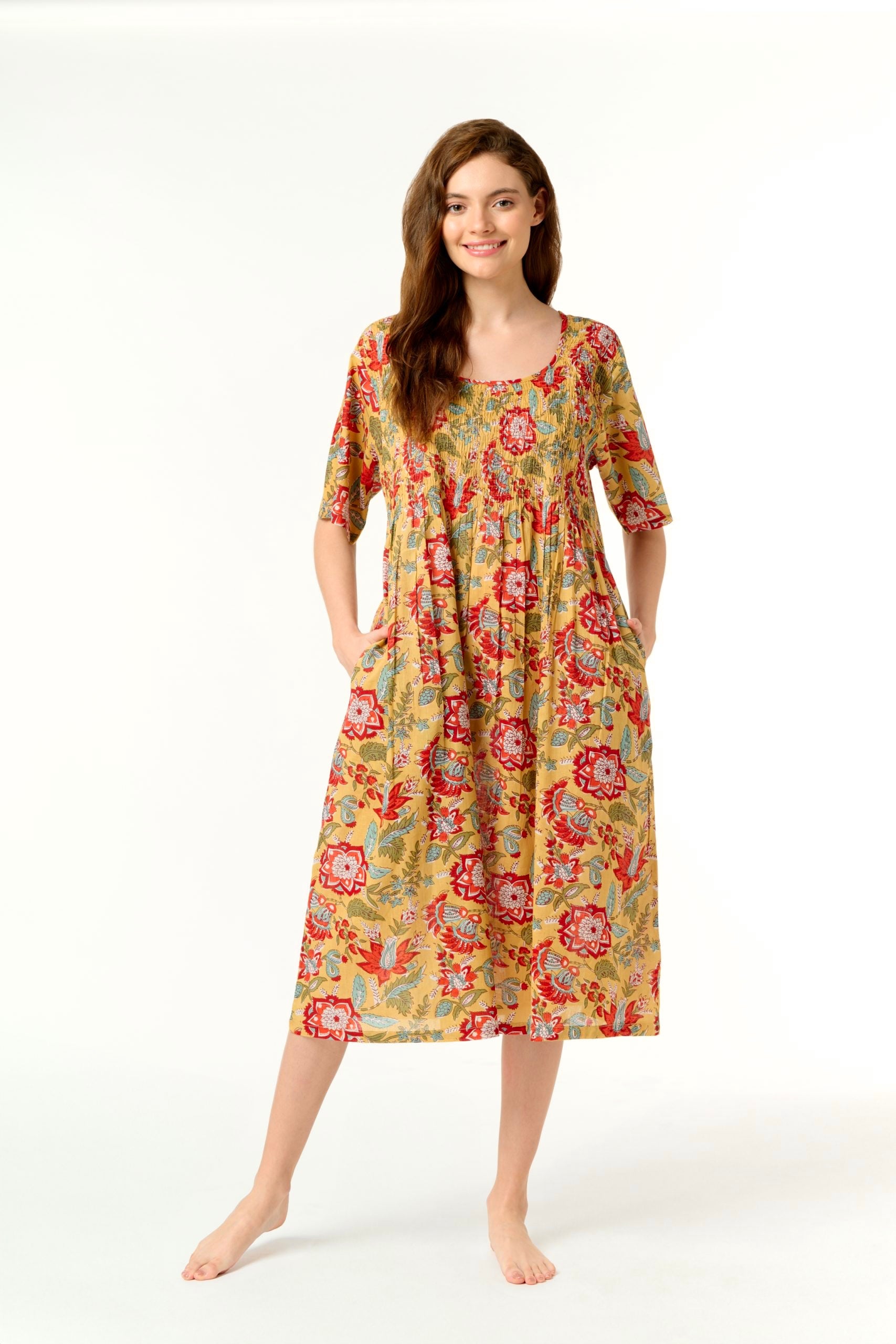Hand Block Printed Shirred Nightie - Mustard Red Flower Floral