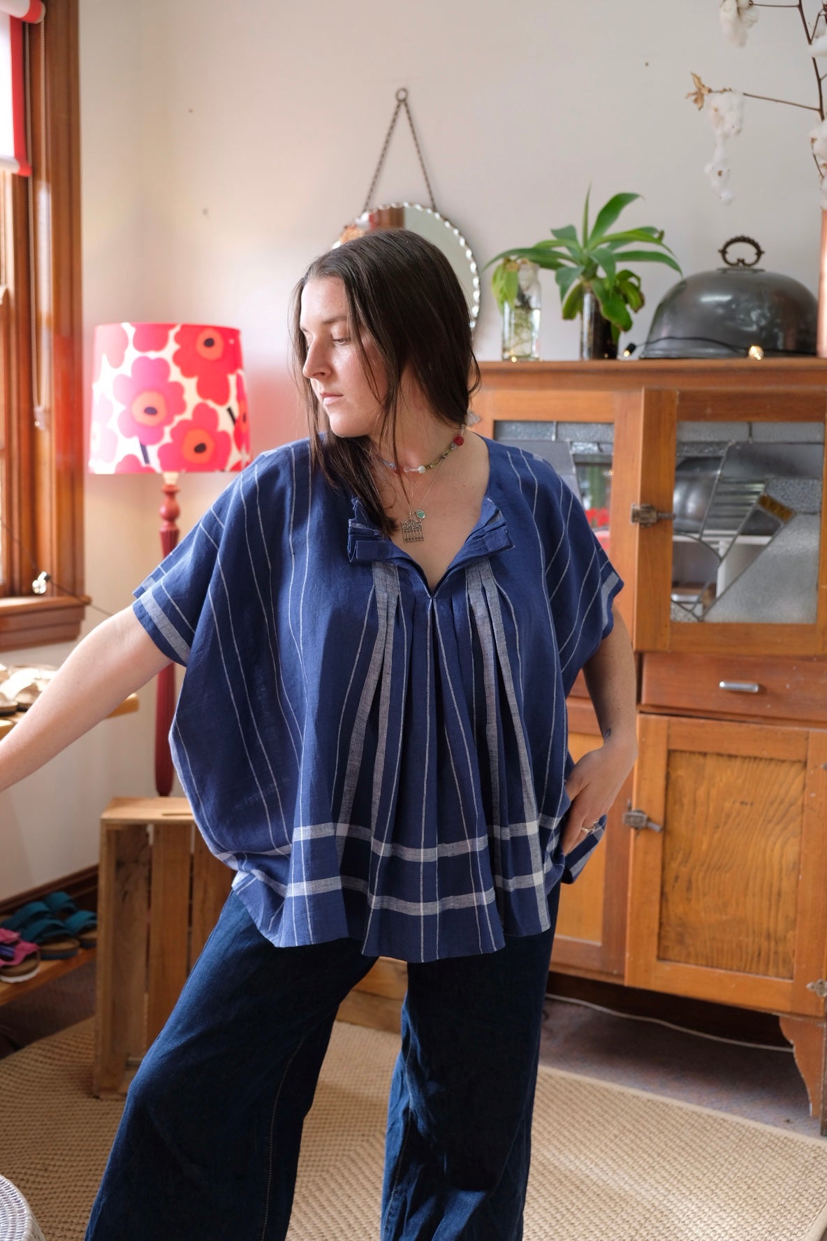 Tuck Top Plaid Linen Indigo