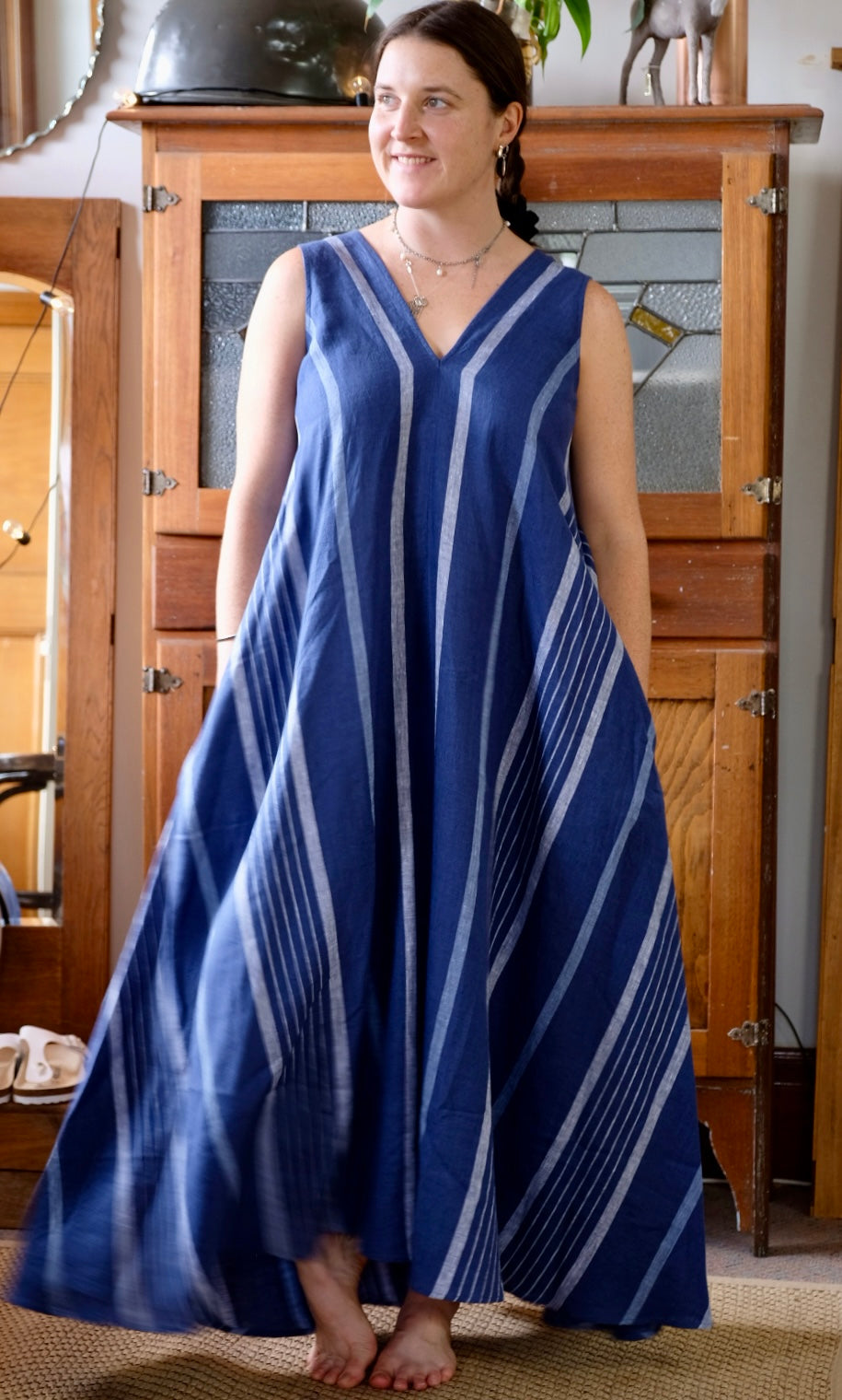 Sasha Dress Stripe Linen Indigo