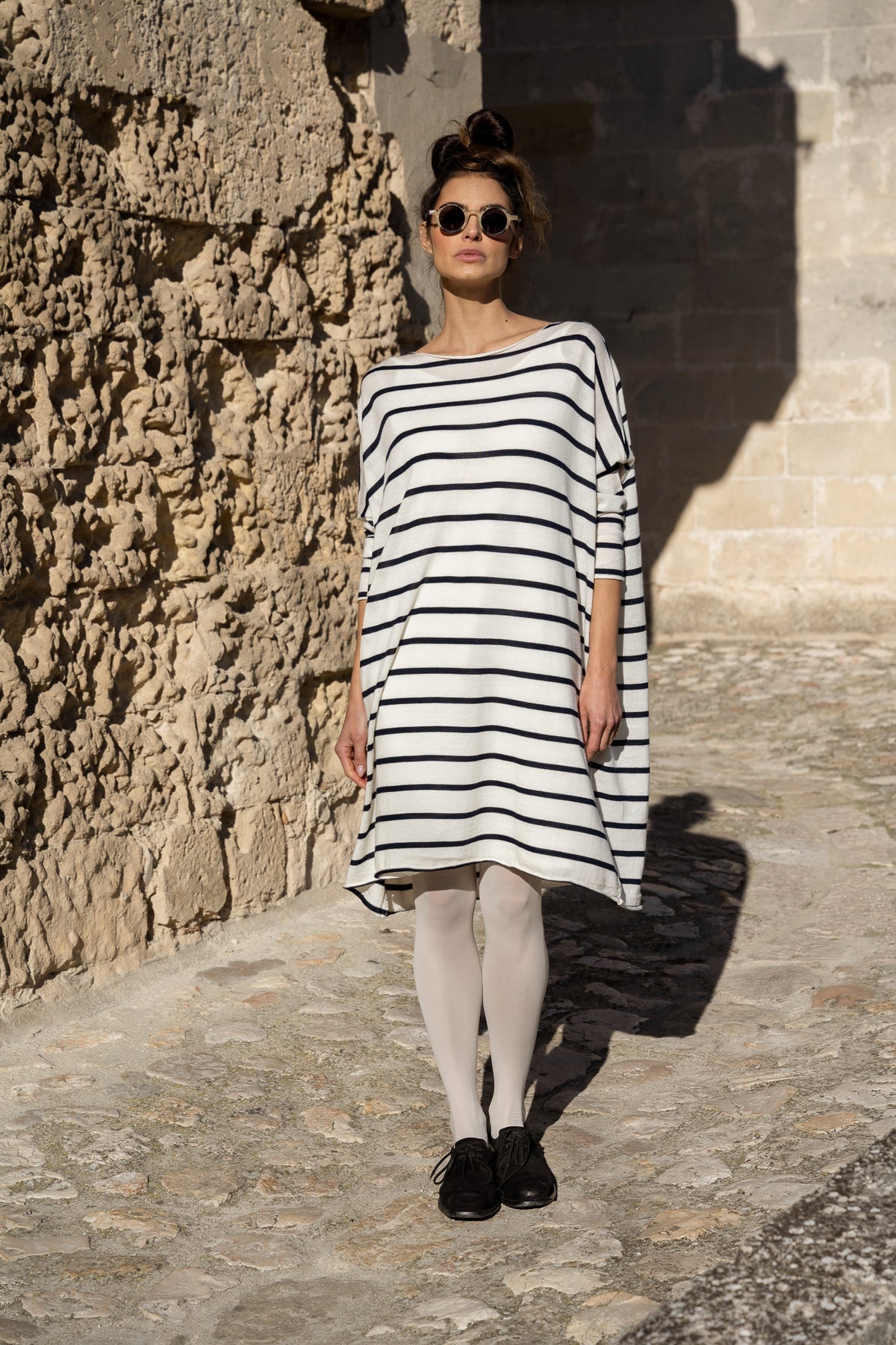 Emi Wool Dress - Cream with Navy Stripe; megbydesign wool dress stripes Emi Wool Dress - Cream with Navy Stripe; megbydesign wool dress stripes