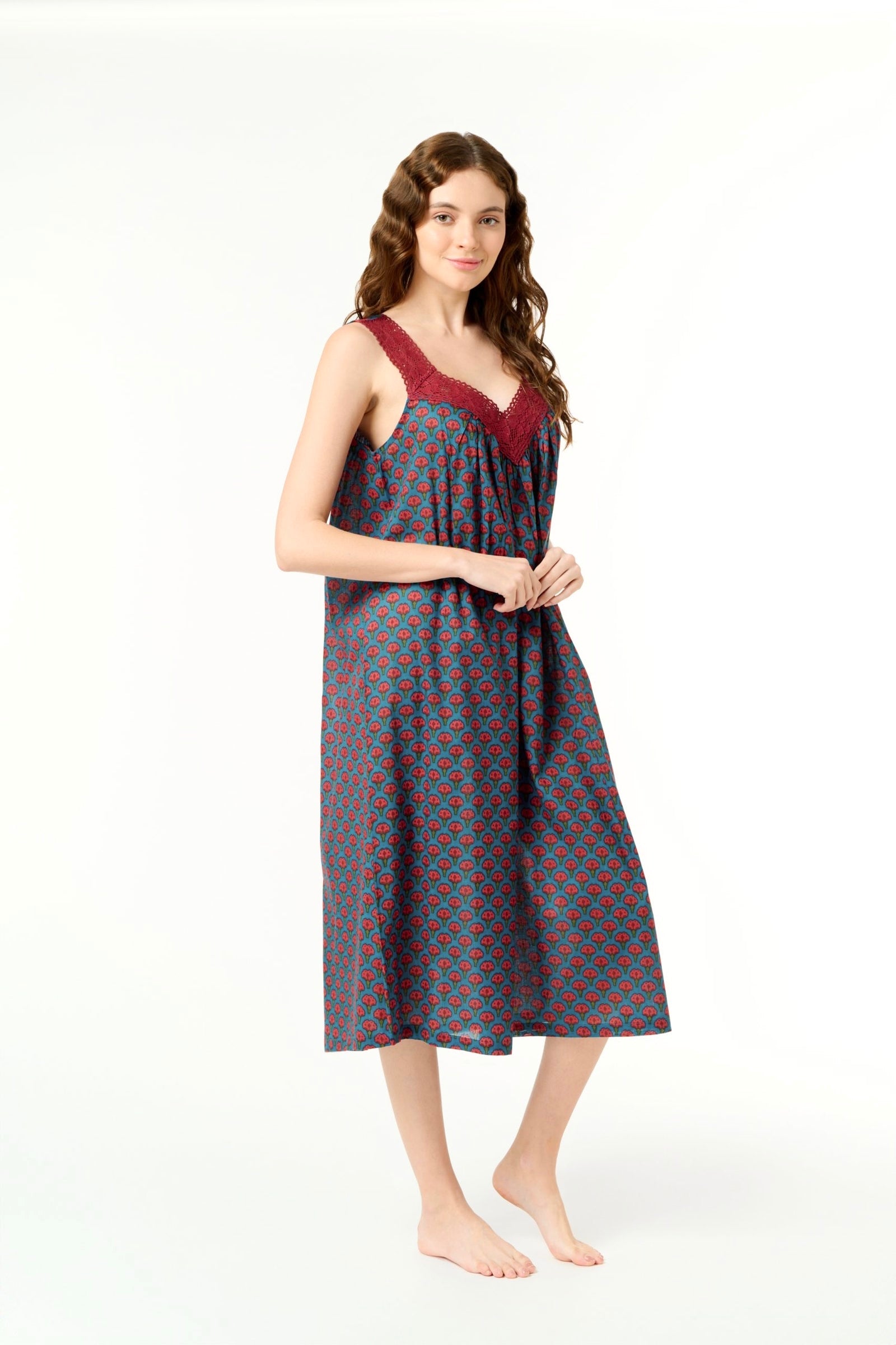 Hand Block Printed V Neck Nightie laced - deep blue with dark pink flower