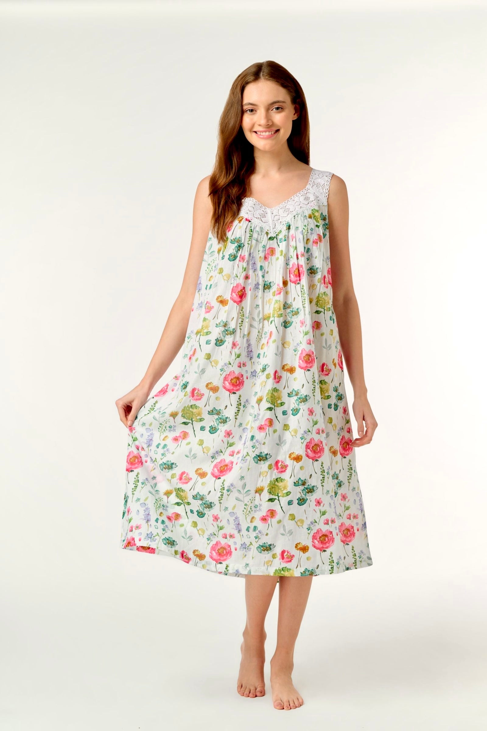 Hand Block Printed V Neck Nightie laced - Watercolour Floral Print